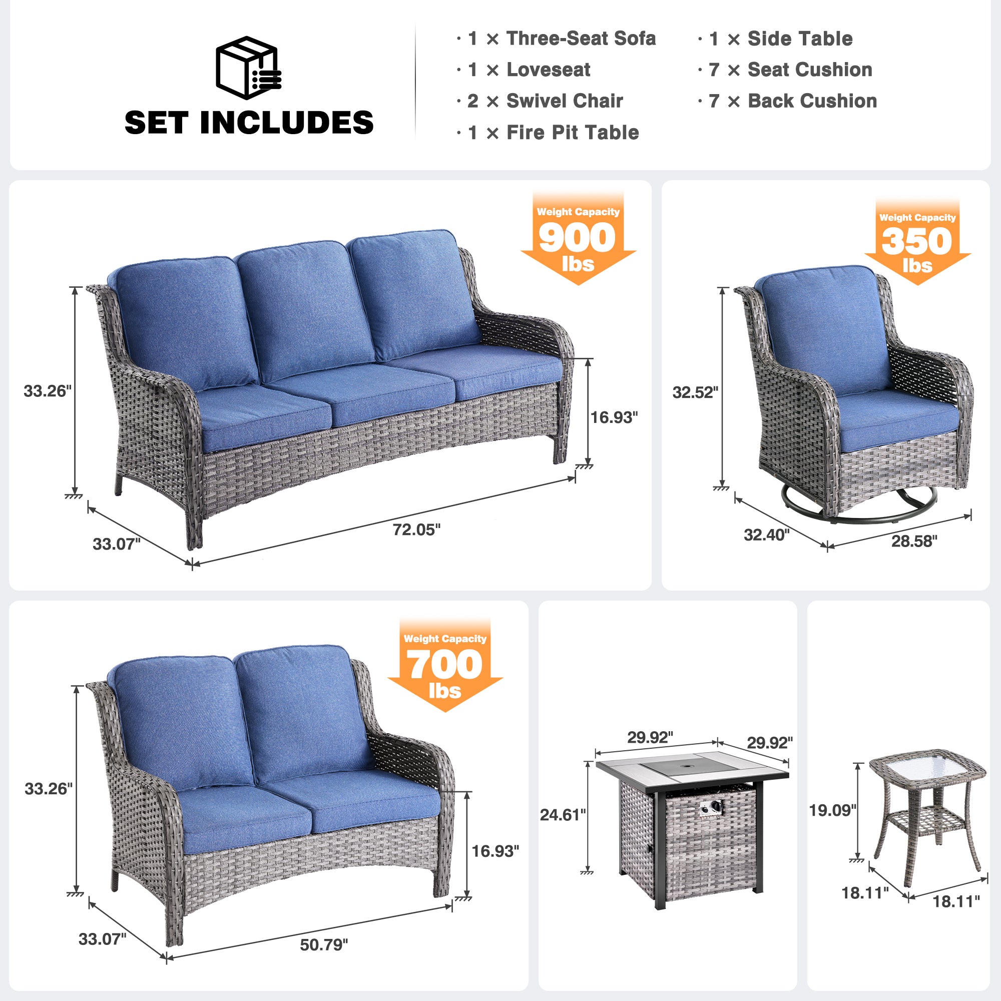 OVIOS Patio Kenard 6-Piece Conversation Set with 42'' Rectangle Propane Fire Pit Table and Rocking Chairs