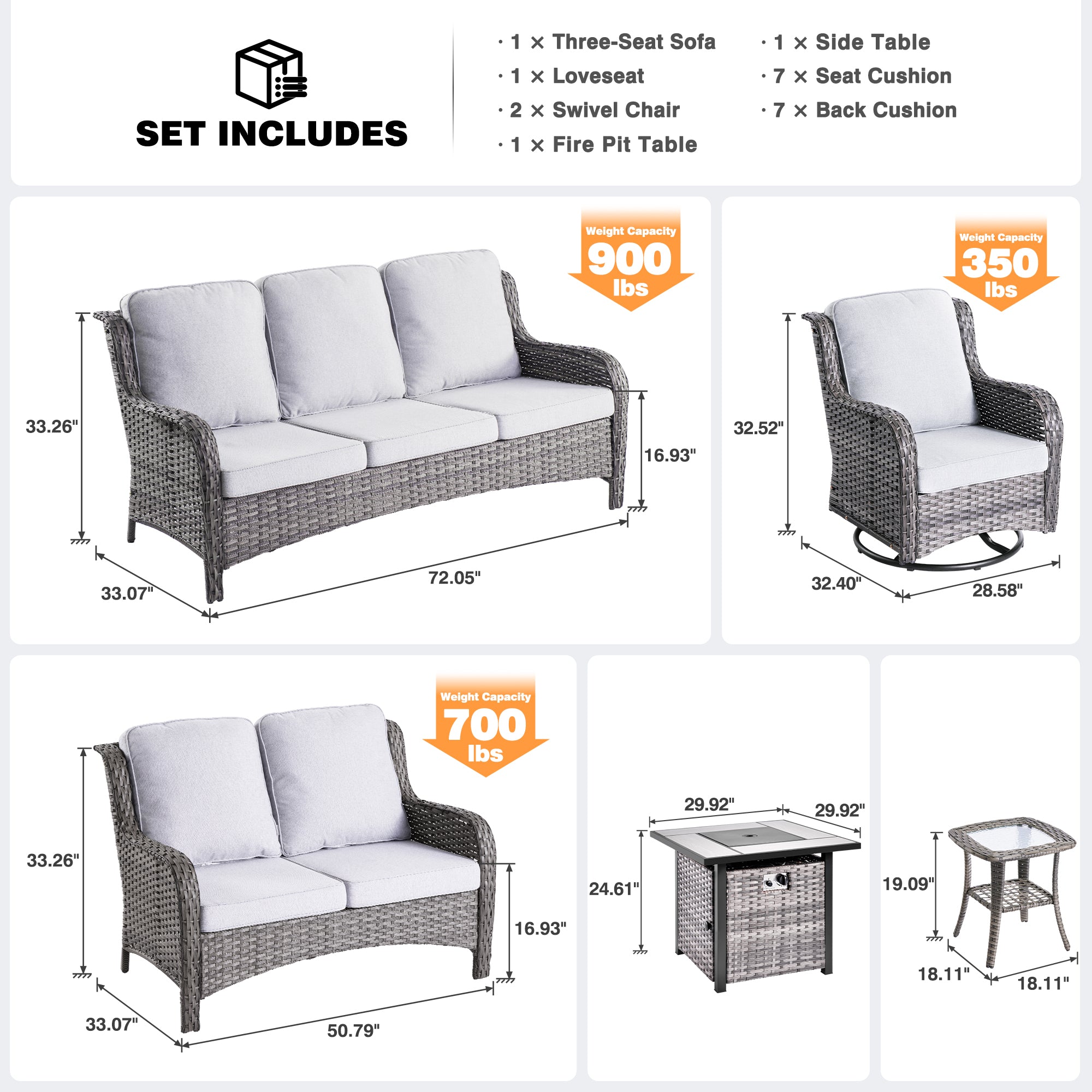 OVIOS Patio Kenard 6-Piece Conversation Set with 42'' Rectangle Propane Fire Pit Table and Rocking Chairs