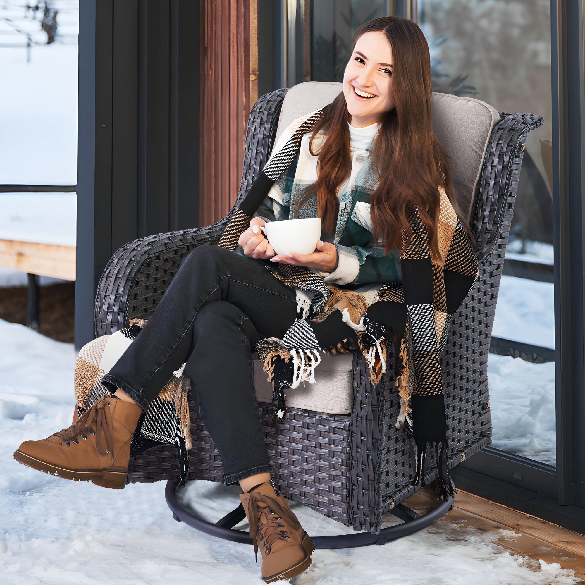 Ovios Patio Kenard 5-Piece Conversation Set with Loveseat and Swivel Rocking Chairs