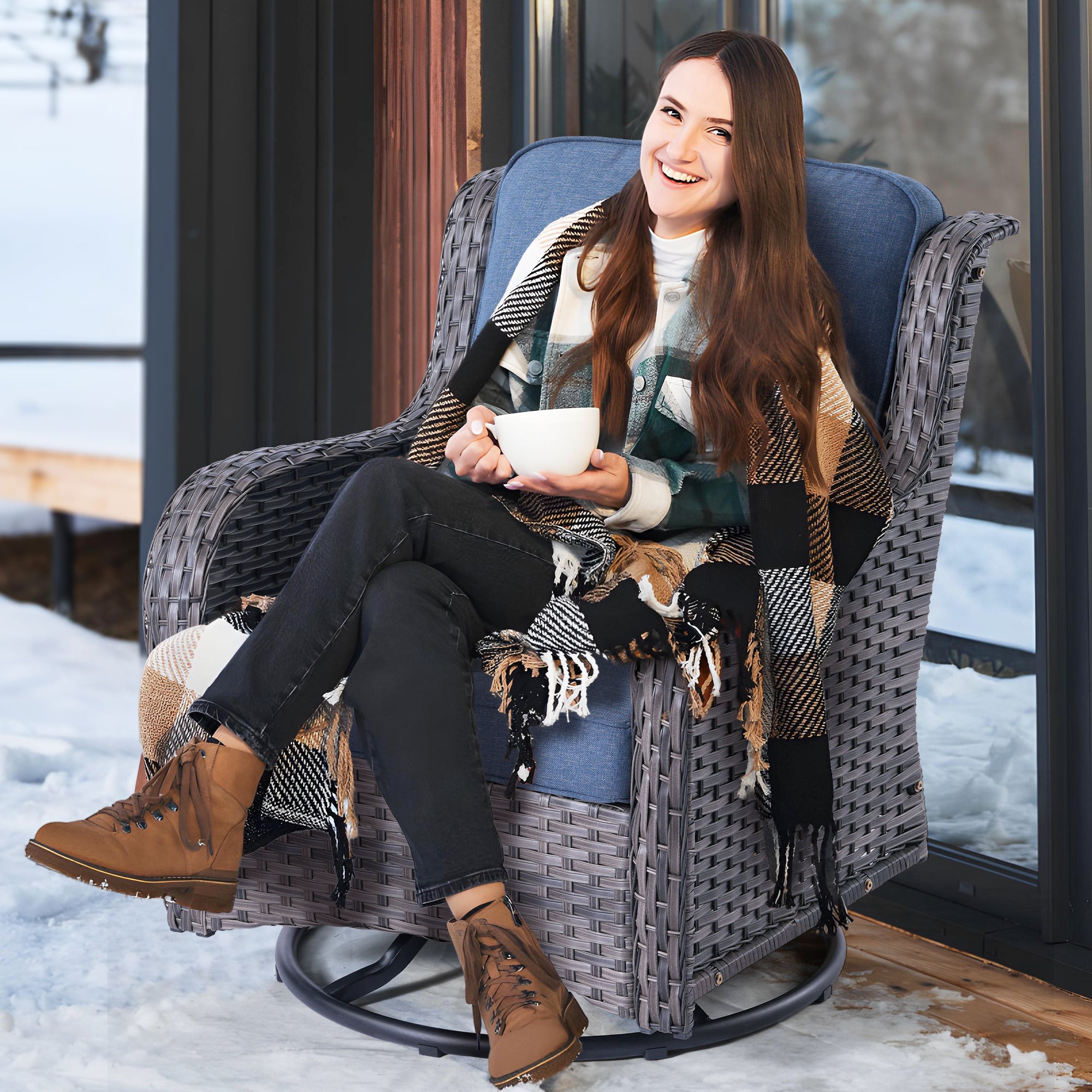 Ovios Patio Kenard 5-Piece Conversation Set with Loveseat and Swivel Rocking Chairs