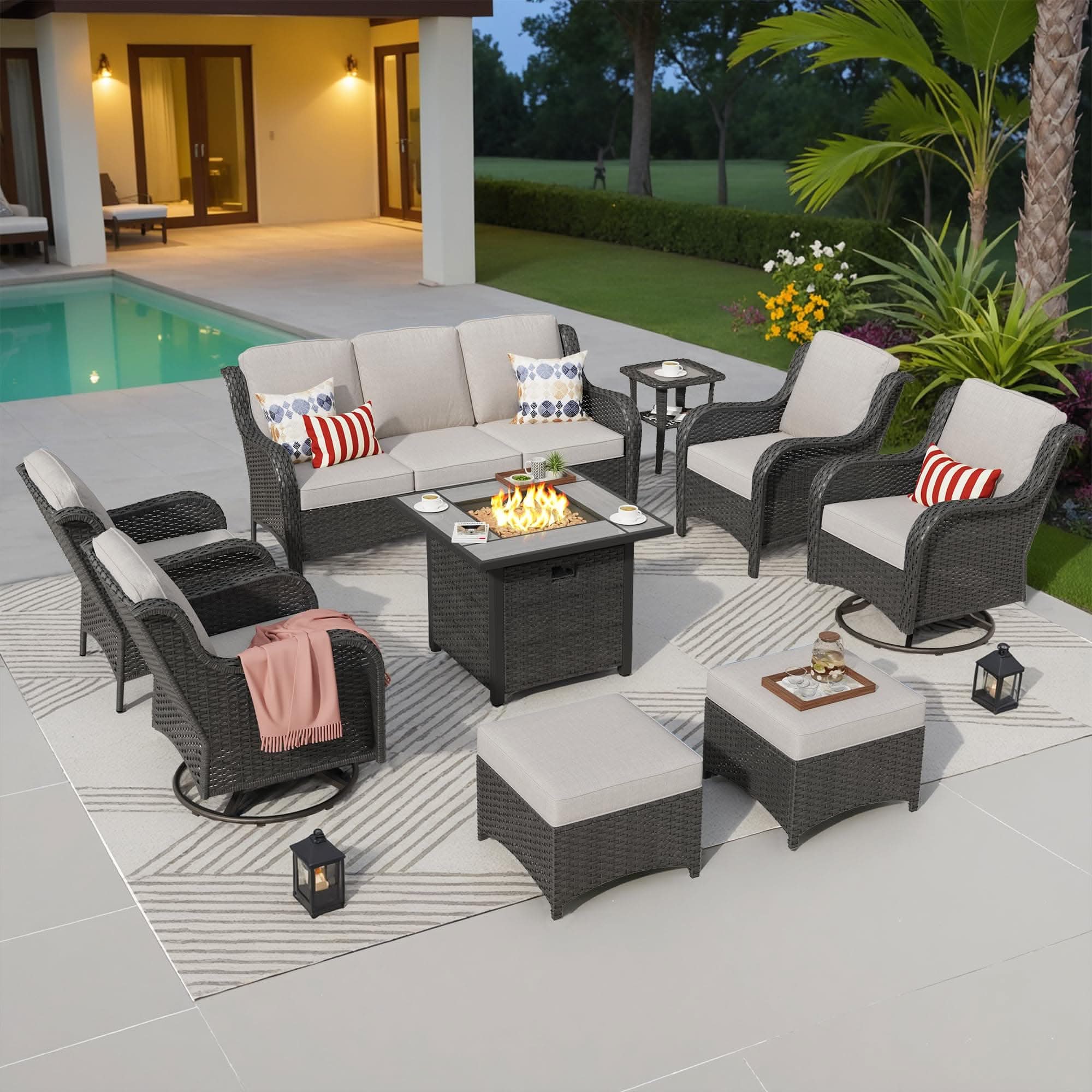 OVIOS Outdoor Furniture 9-Piece with 30'' Fire Pit Table and Kenard 2 Rocking Chairs