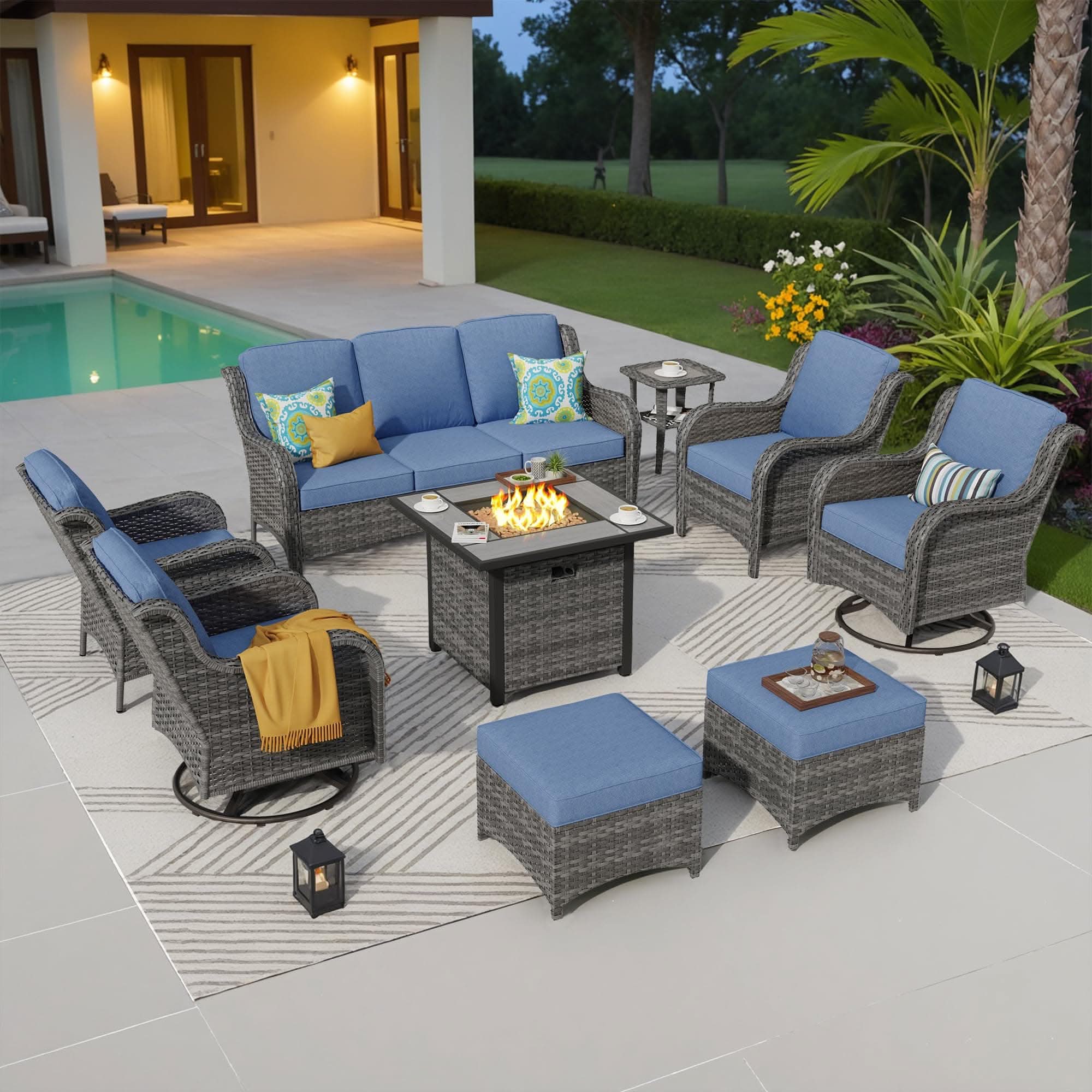OVIOS Outdoor Furniture 9-Piece with 30'' Fire Pit Table and Kenard 2 Rocking Chairs