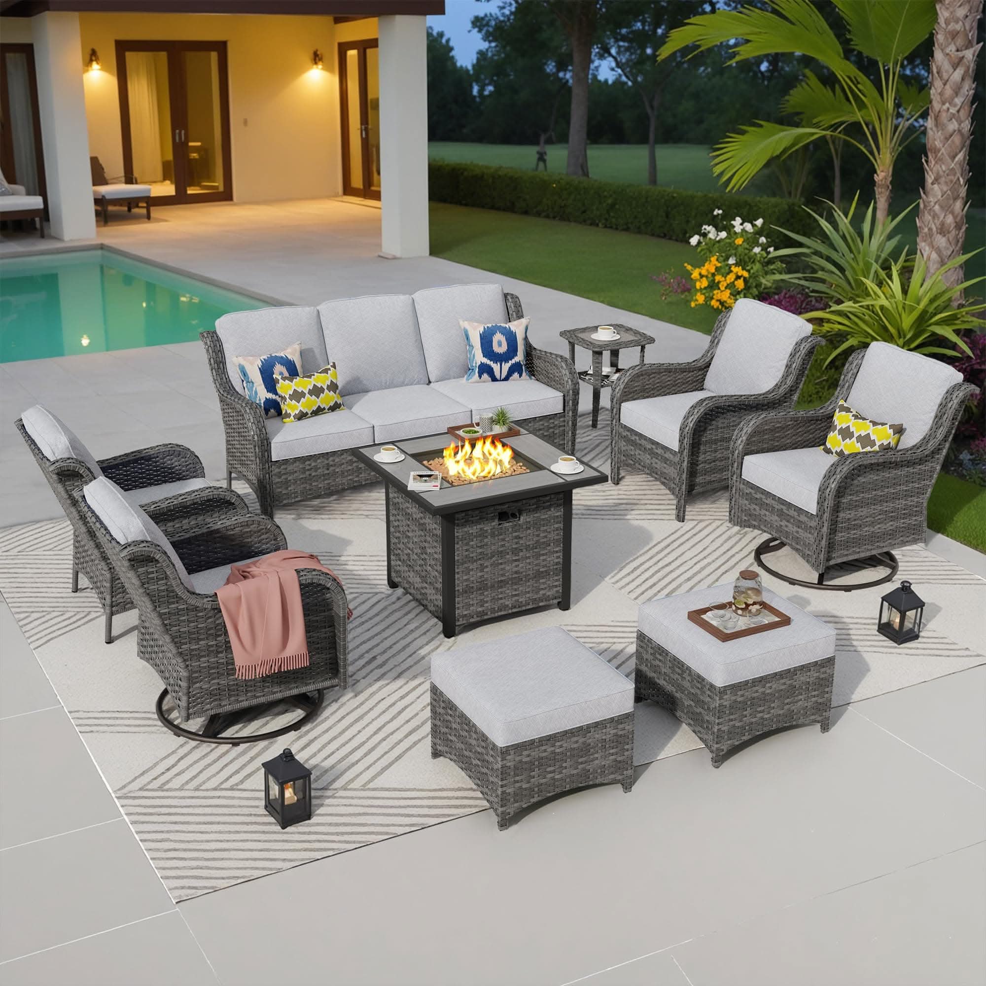 OVIOS Wicker Patio Fire Pit Conversation Seating Set