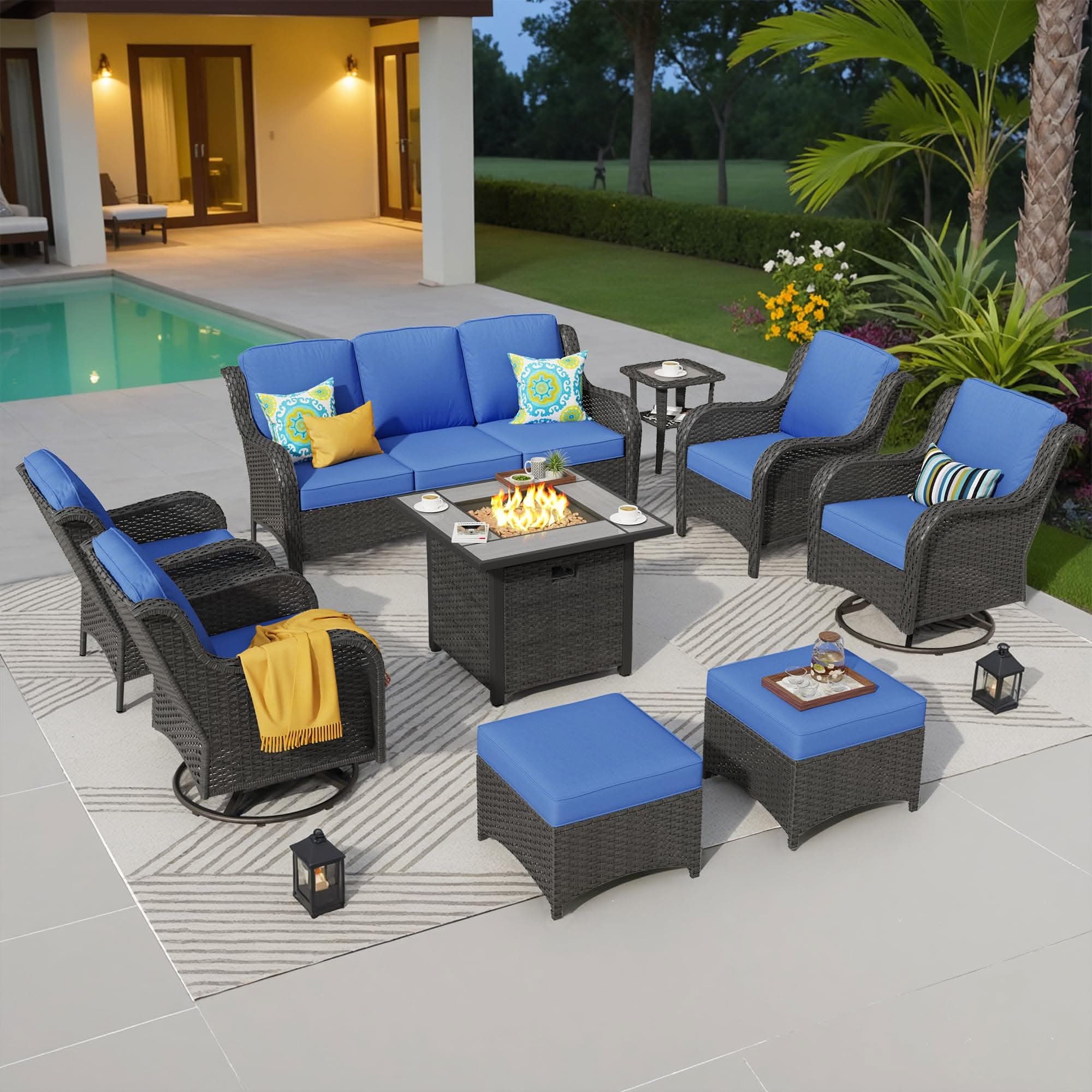 OVIOS Wicker Patio Fire Pit Conversation Seating Set
