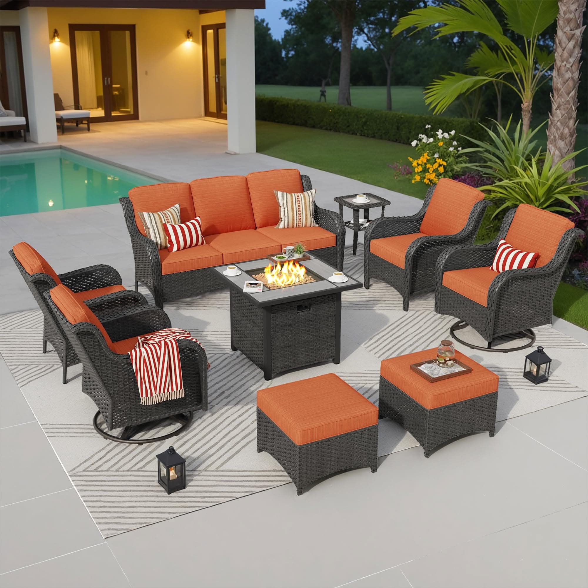 OVIOS Wicker Patio Fire Pit Conversation Seating Set