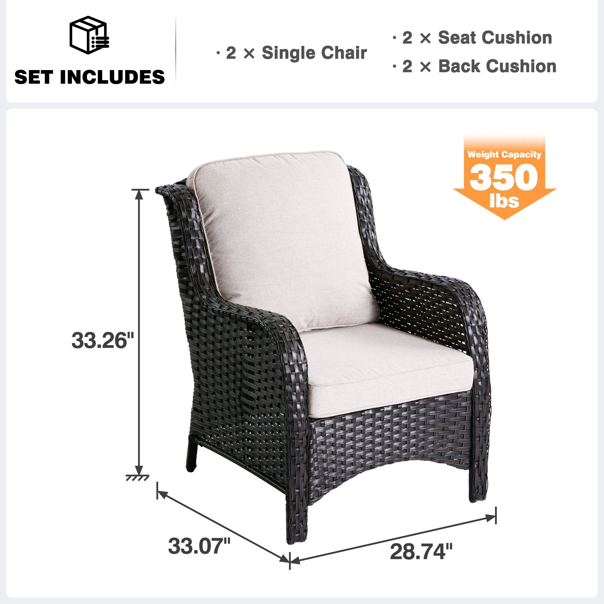 OVIOS Patio Chairs 2-Piece Kenard Curved Handrest