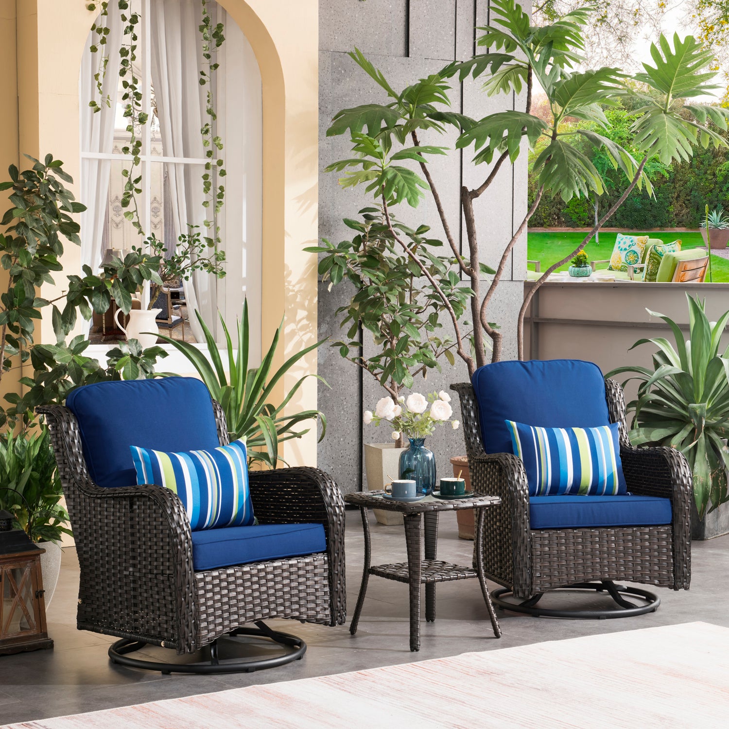 OVIOS Patio Furniture Set 3-Piece with Swivel Chairs and Side Table Kenard