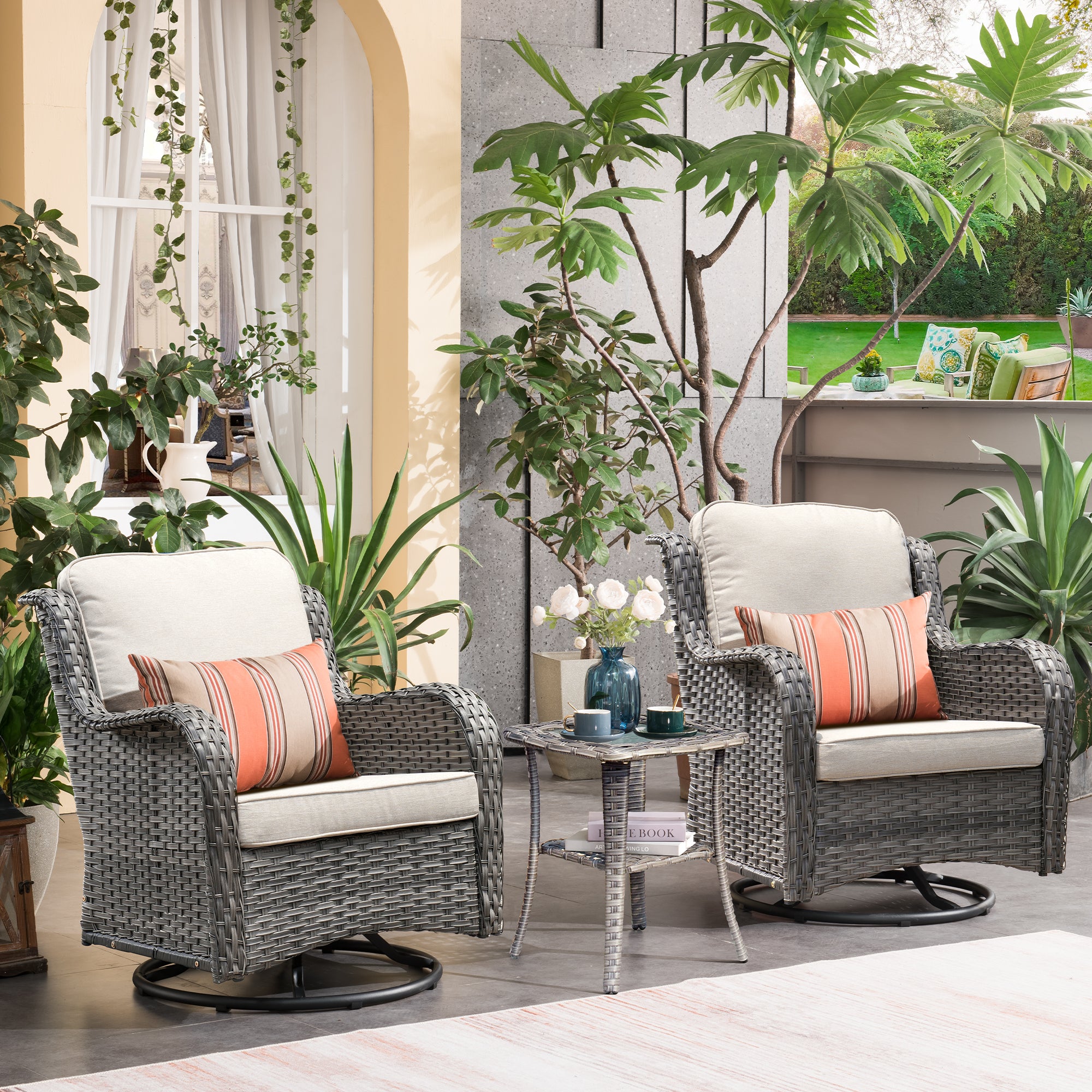 OVIOS Patio Furniture Set 3-Piece with Swivel Chairs and Side Table Kenard