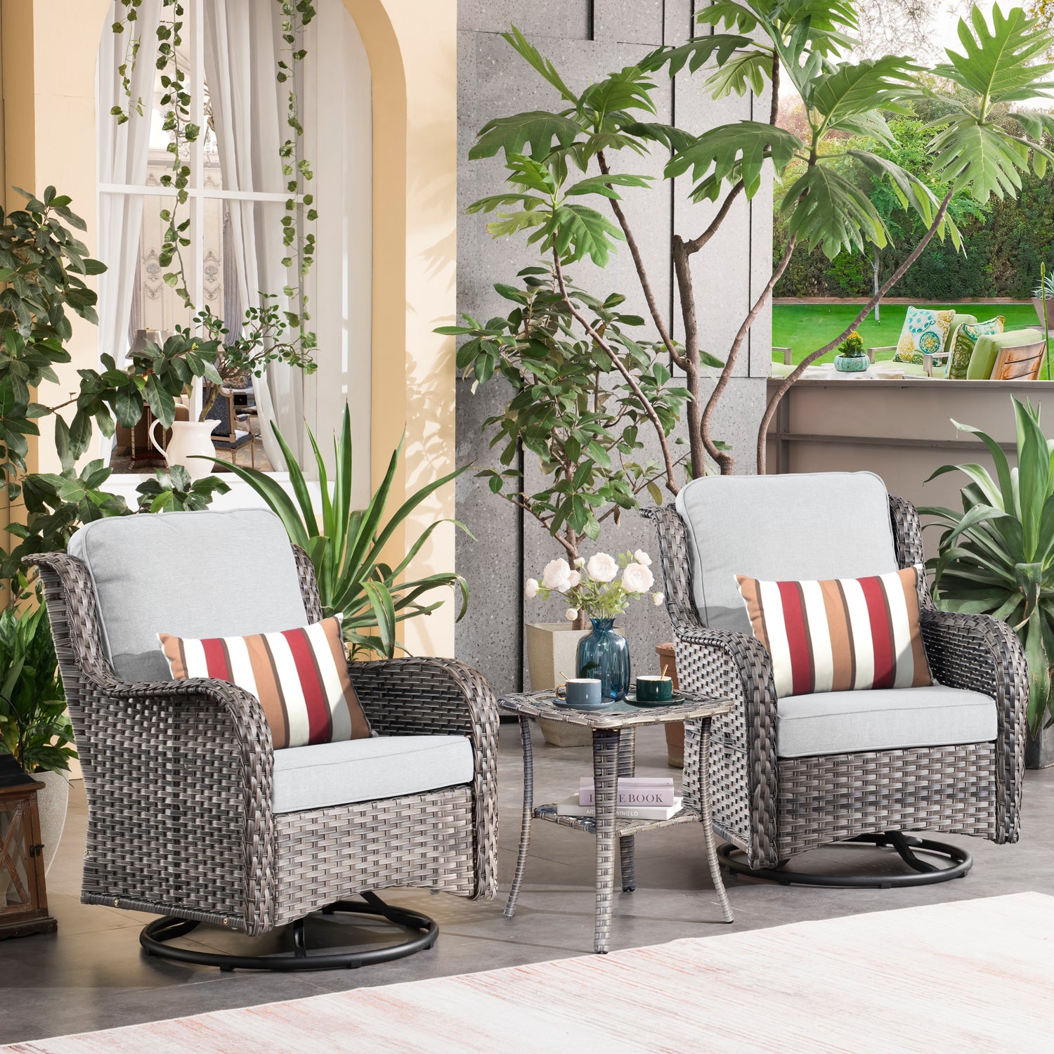 OVIOS Patio Furniture Set 3-Piece with Swivel Chairs and Side Table Kenard