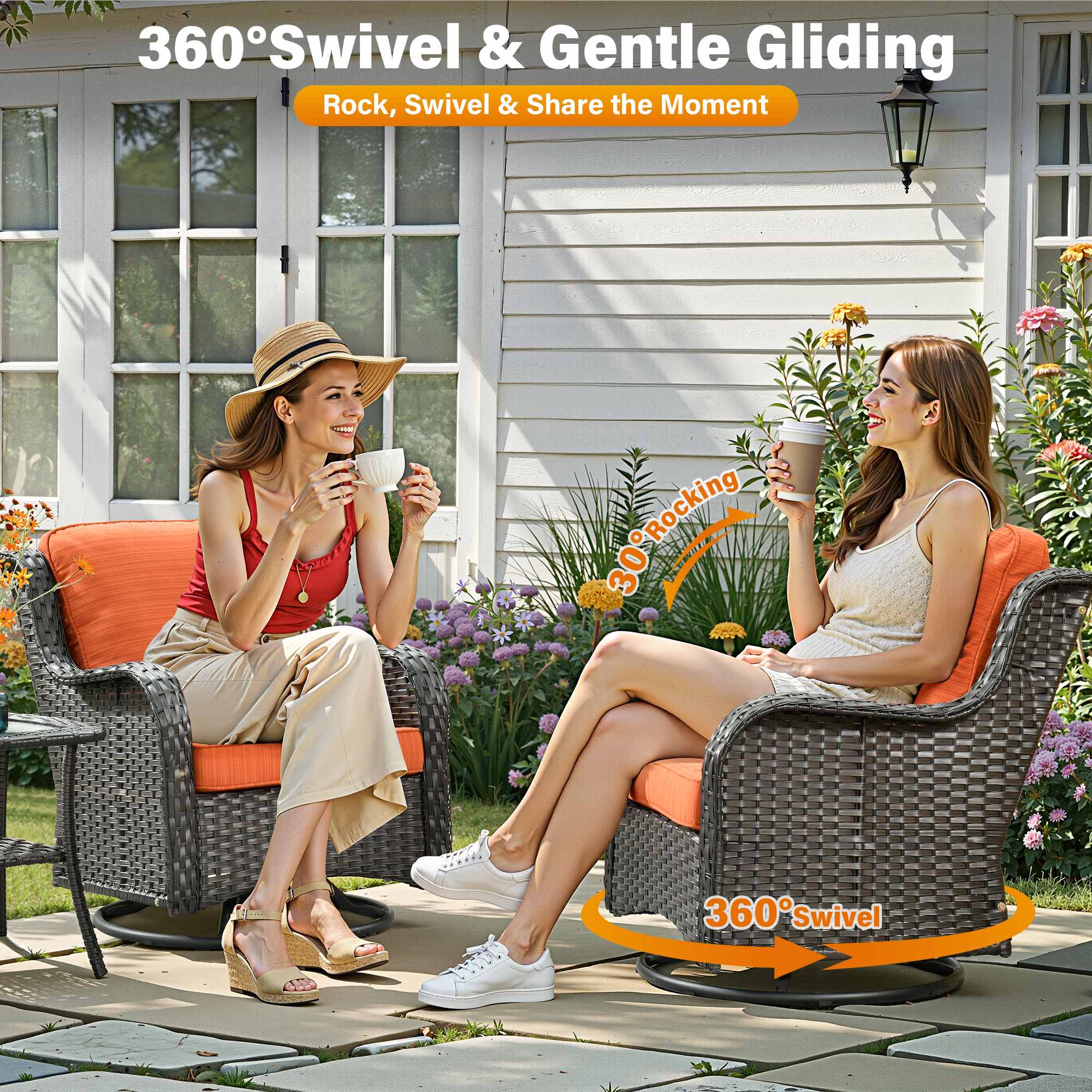 OVIOS outdoor wicker patio chairs with orange cushions, featuring 360° swivel and 30° rocking.
