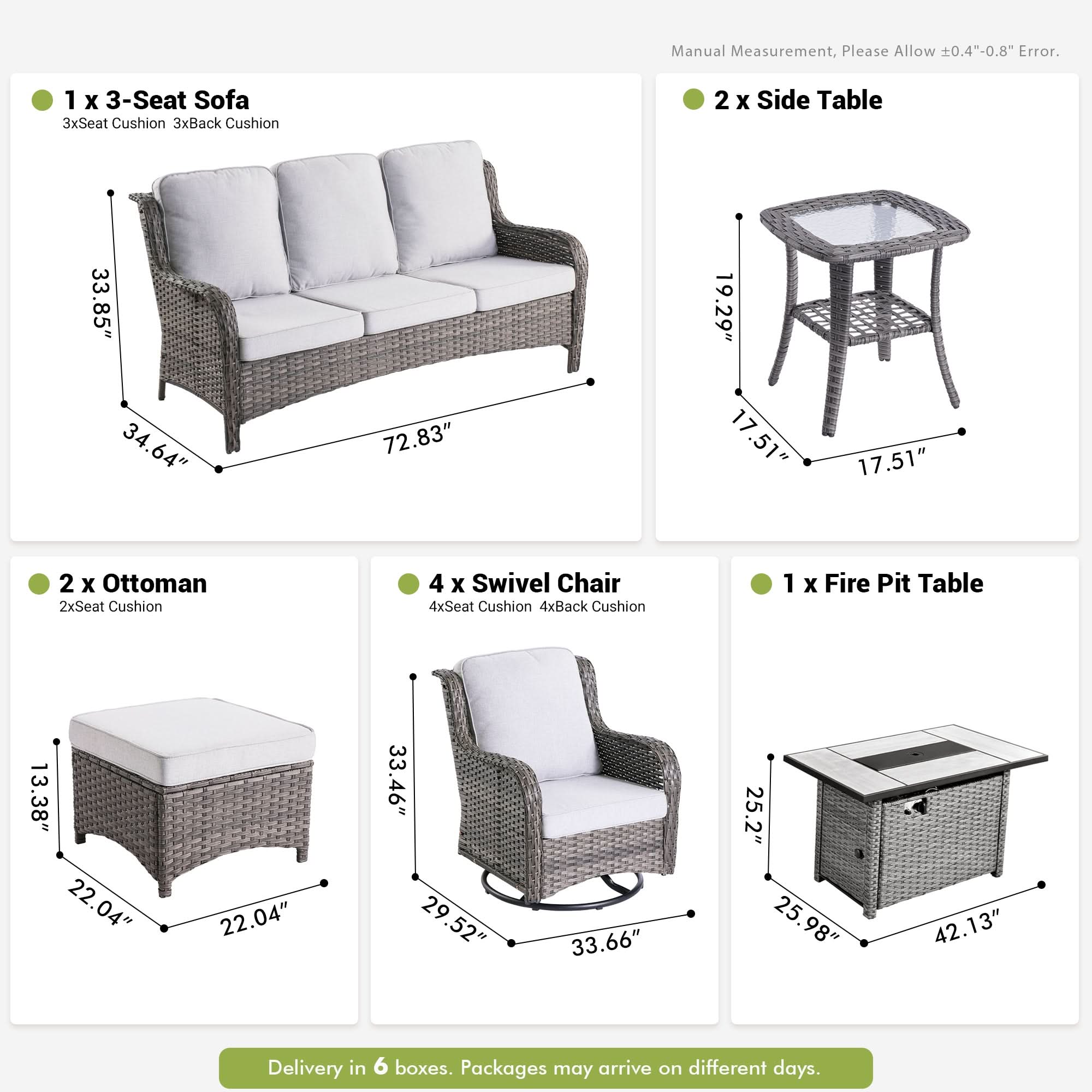 OVIOS 10-Piece Patio Set: Wicker sofa, swivel chairs, fire pit table, side tables, and ottomans. Dimensions included.