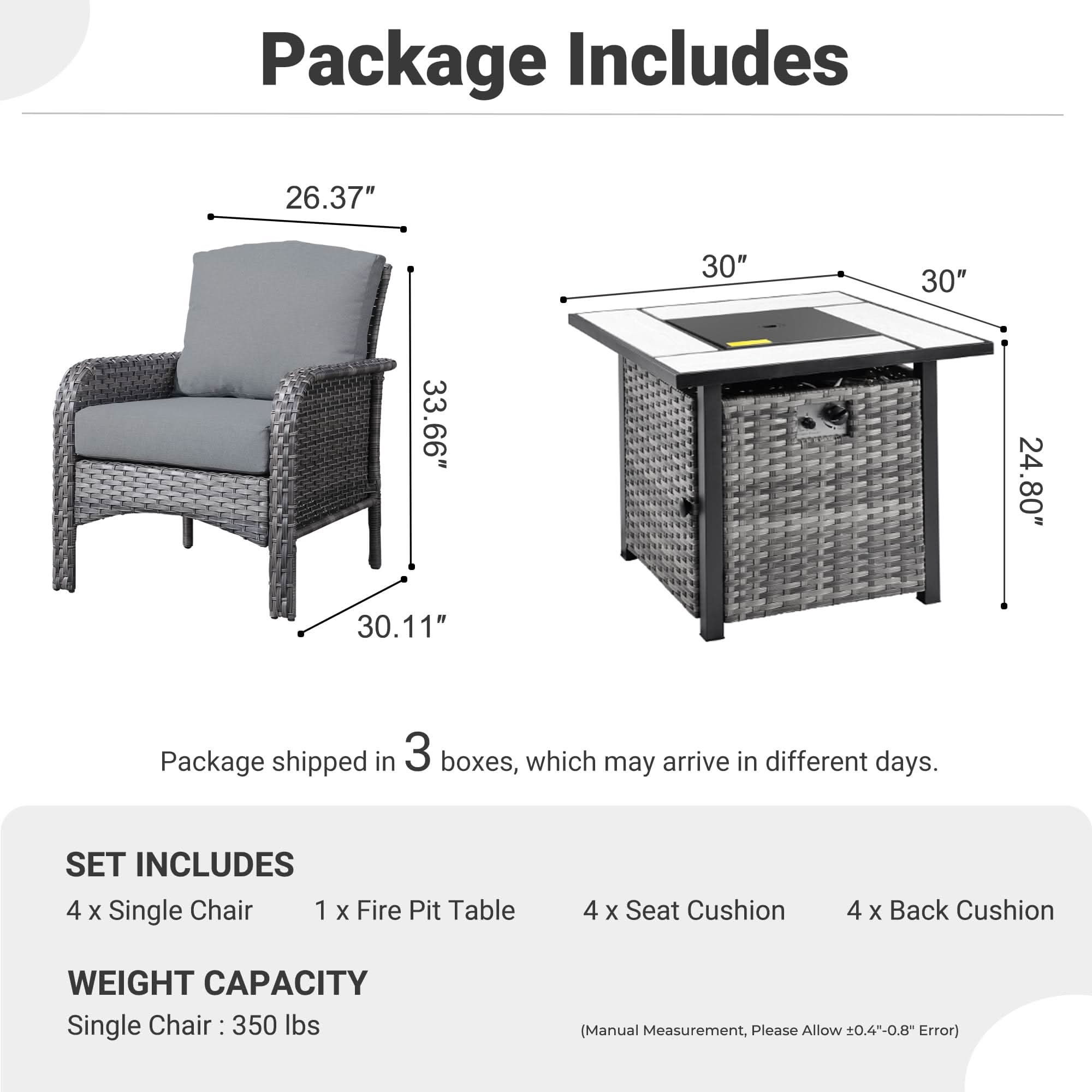 OVIOS 5-Piece Patio Set Package Includes with dimensions, grey wicker chairs and fire pit table, outdoor furniture