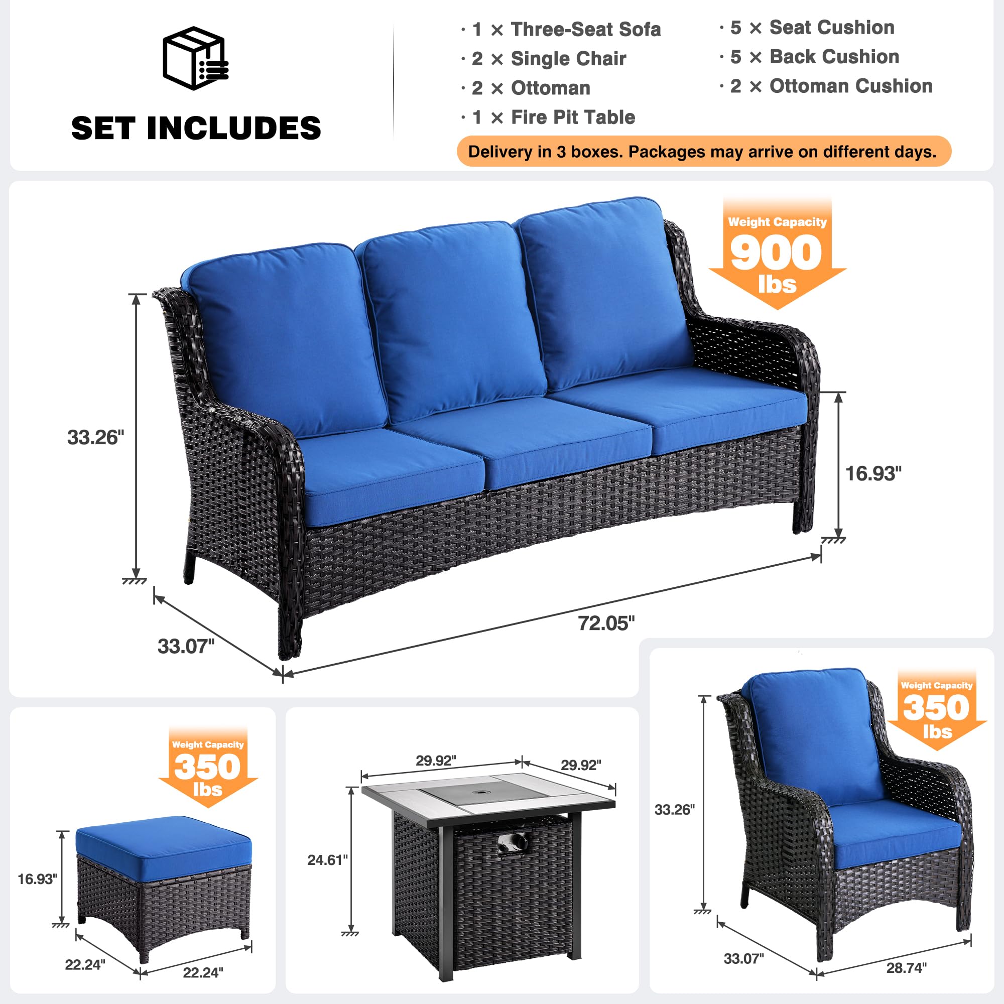 OVIOS 6-Piece Patio Conversation Set with Fire Pit Table
