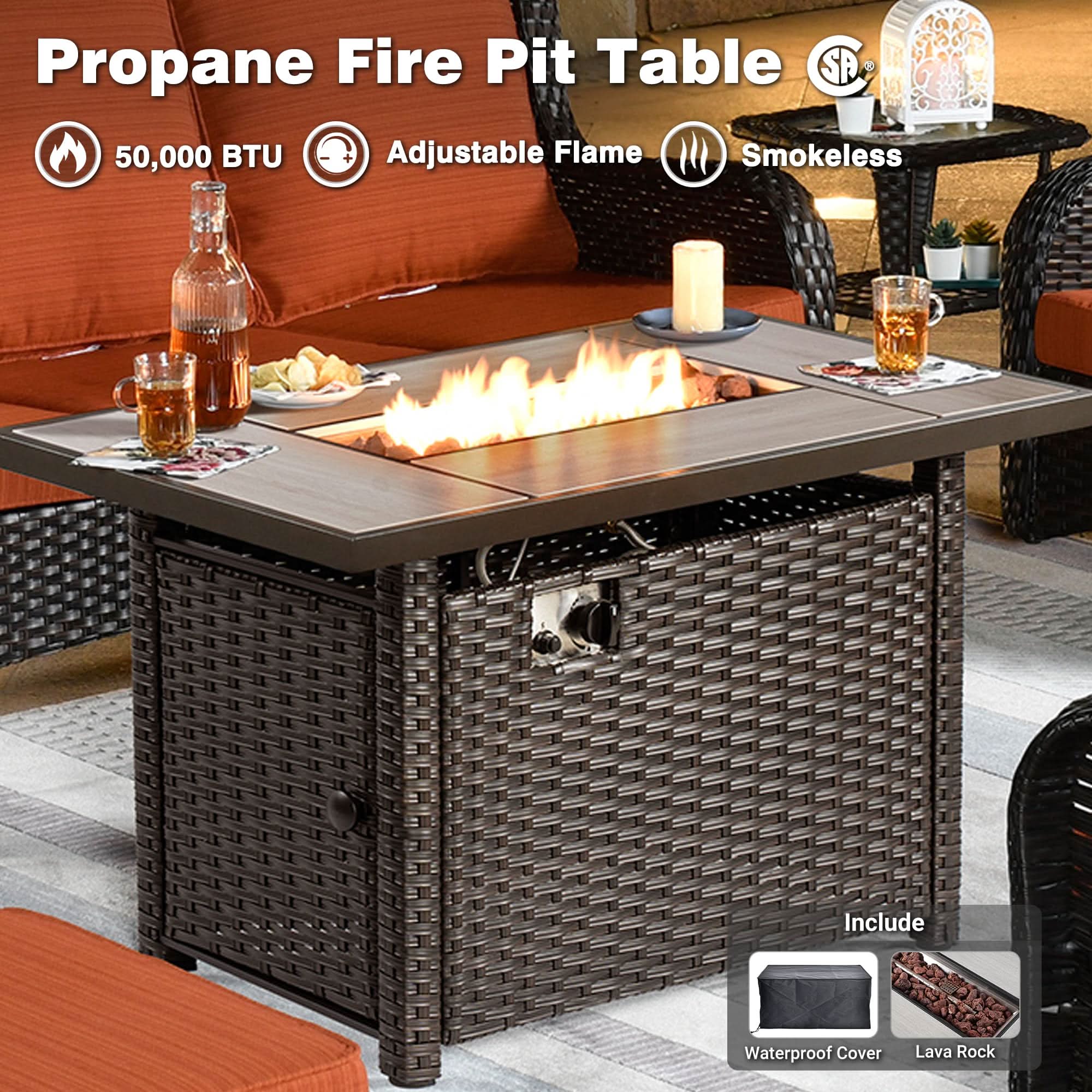 OVIOS Propane Fire Pit Table with wicker base, adjustable flame, and porcelain tabletop, includes cover & lava rock