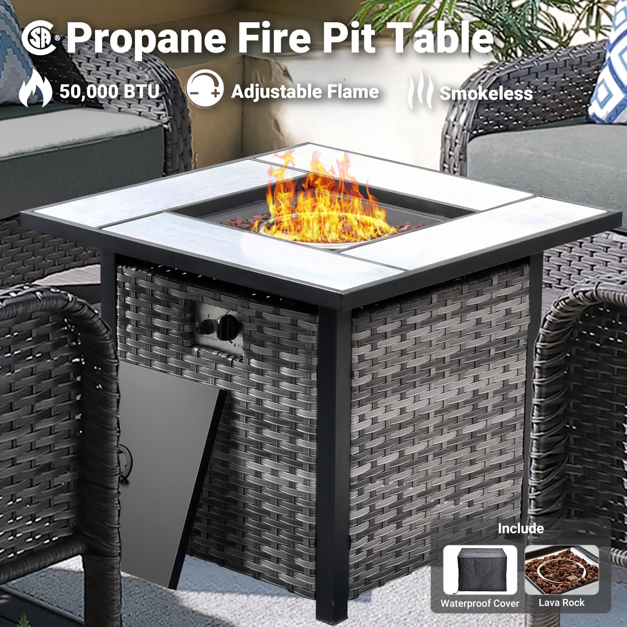 OVIOS Propane Fire Pit Table with adjustable flame, 50,000 BTU, Smokeless, with grey wicker and waterproof cover.