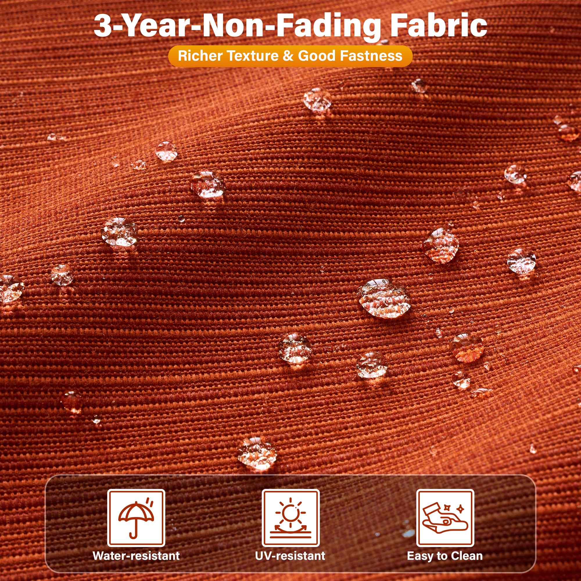 OVIOS outdoor fabric: water-resistant, UV-resistant, non-fading red-brown material.