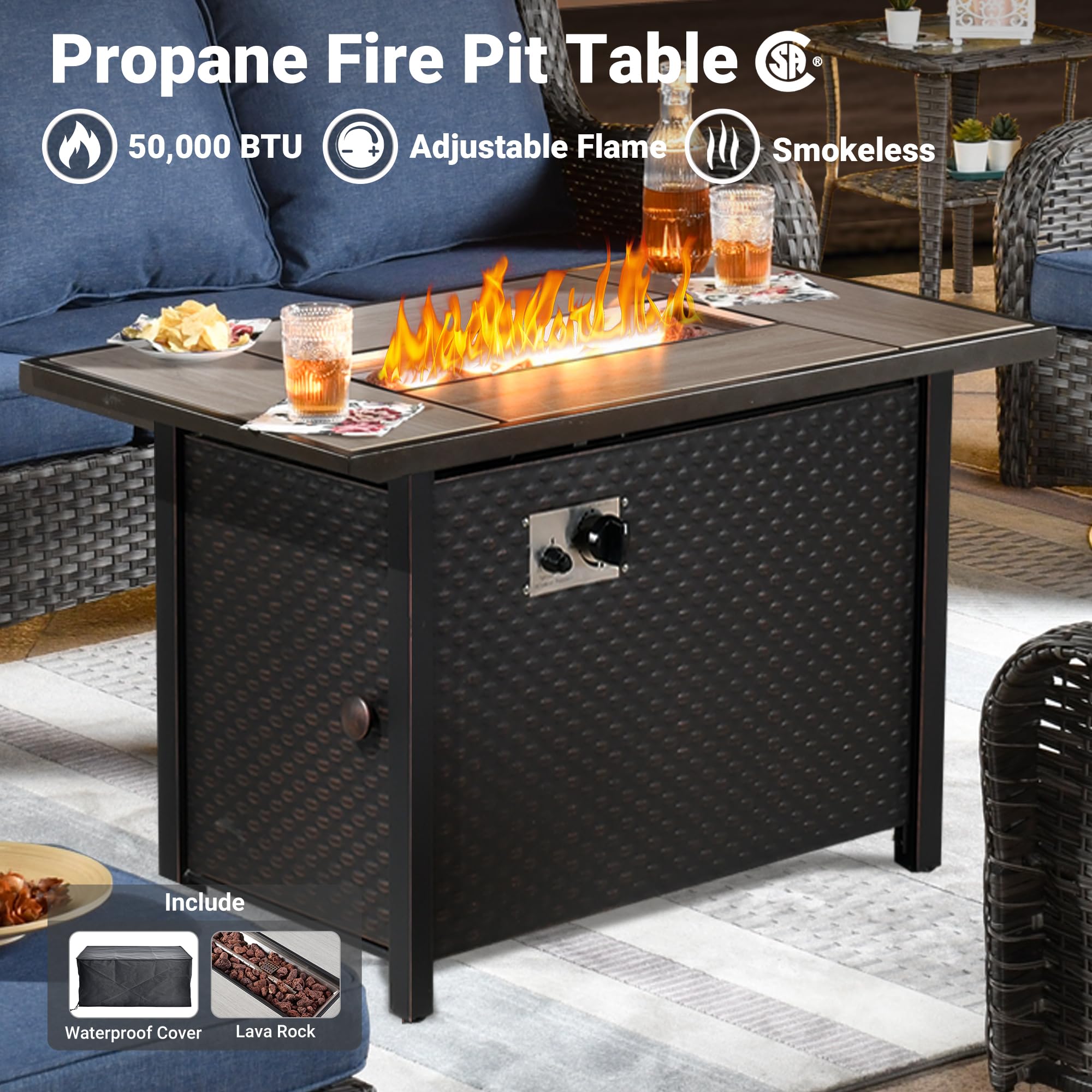 Ovios 6 Pieces Patio Furniture Set with 42" Firepit Table, Outdoor Wicker Sofa with Ottomans