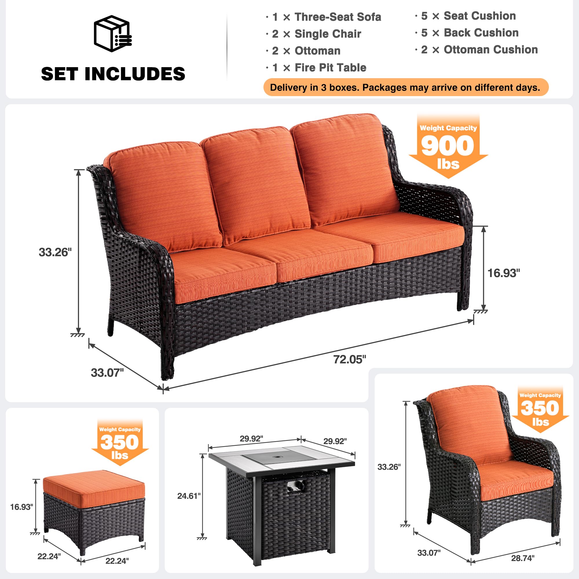 OVIOS 6-Piece Patio Conversation Set with Fire Pit Table