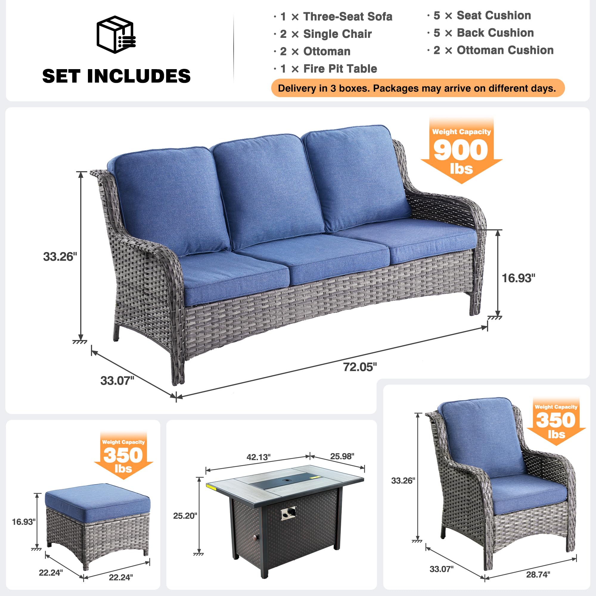 Ovios 6 Pieces Patio Furniture Set with 42" Firepit Table, Outdoor Wicker Sofa with Ottomans