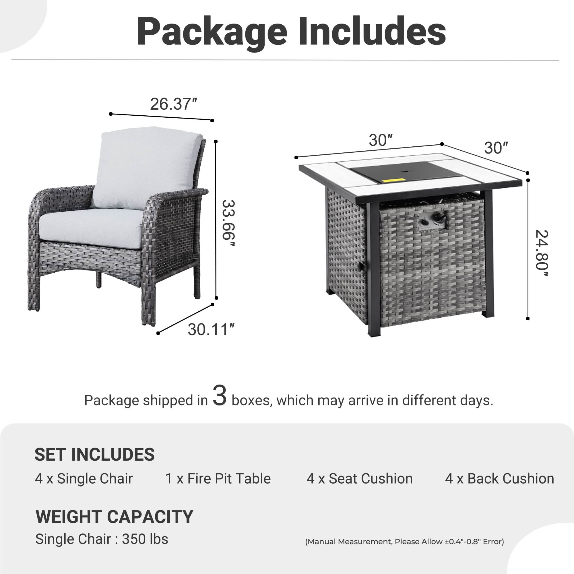 OVIOS 5-Piece Patio Set dimensions and package contents, including grey wicker chairs and fire pit table.