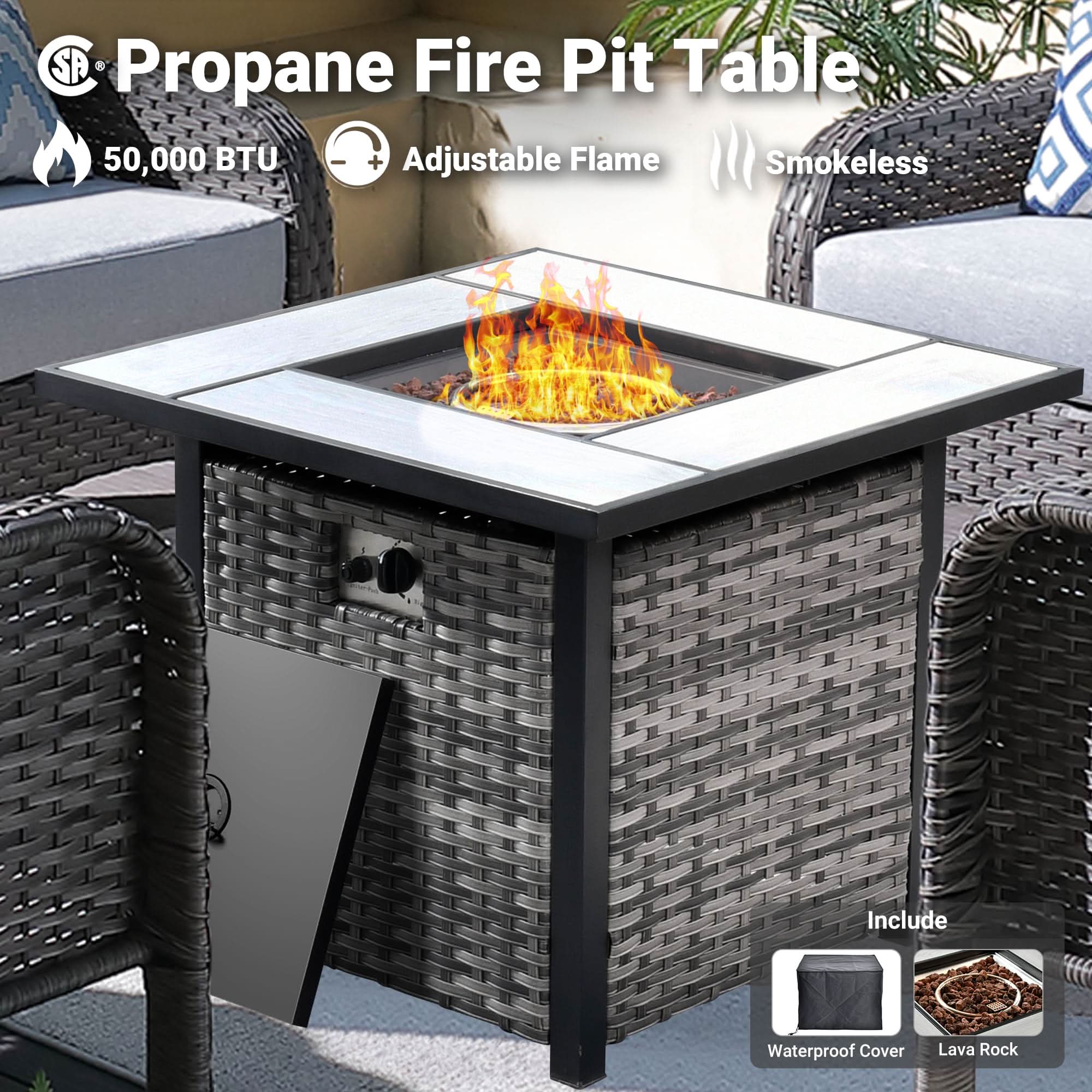 OVIOS Propane Fire Pit Table with Grey Wicker, 50,000 BTU, Adjustable Flame, Smokeless, and included accessories