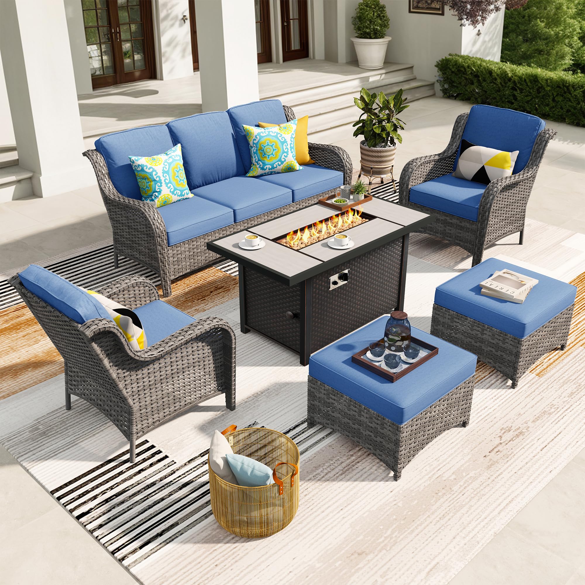 Ovios 6 Pieces Patio Furniture Set with 42" Firepit Table, Outdoor Wicker Sofa with Ottomans
