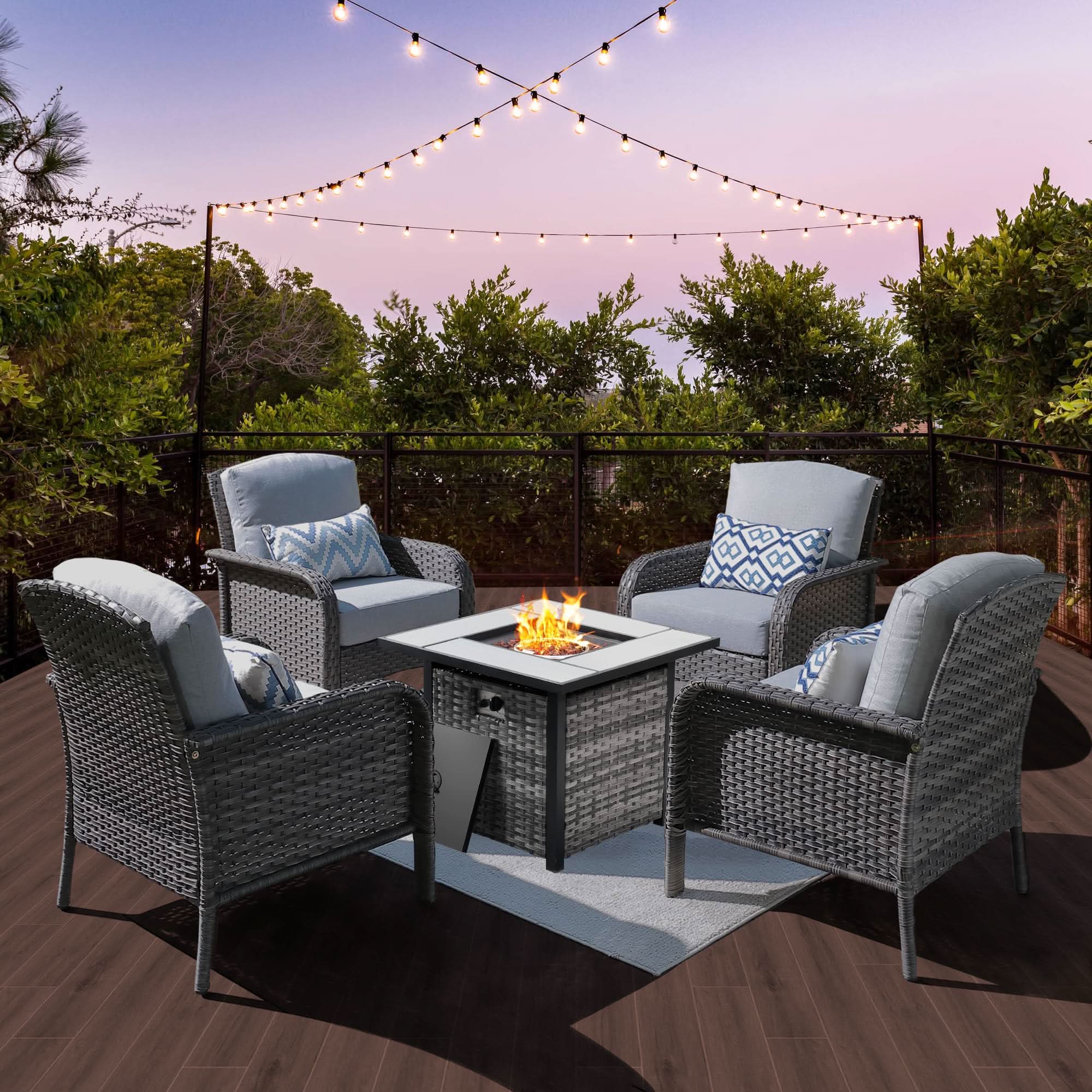 OVIOS 5-Piece Patio Set with Fire Pit Table. Grey wicker chairs with blue cushions, outdoor furniture.
