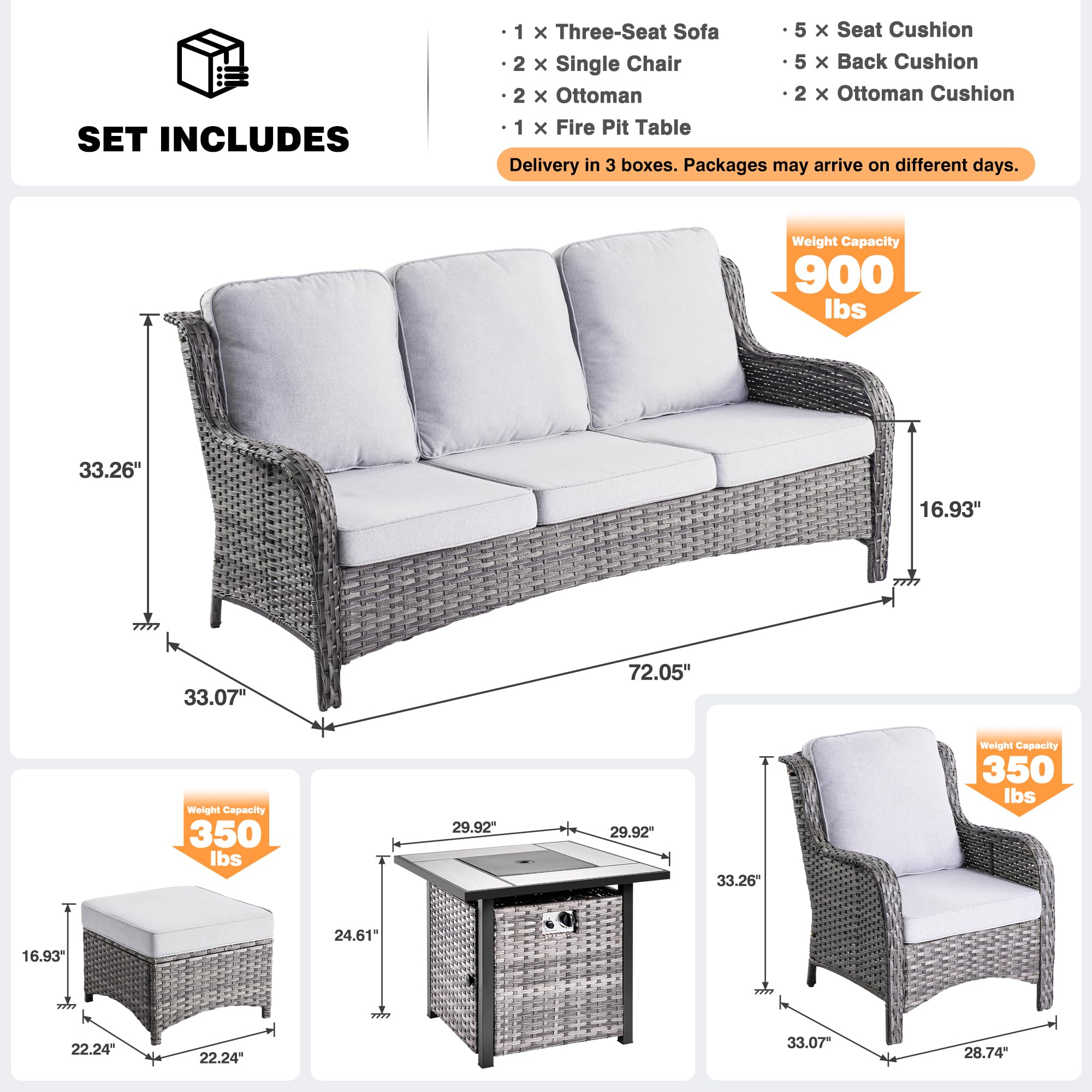 OVIOS 6-Piece Patio Conversation Set with Fire Pit Table