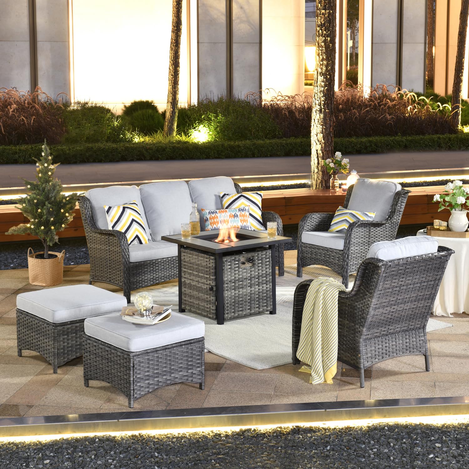 OVIOS 6-Piece Patio Conversation Set with Fire Pit Table