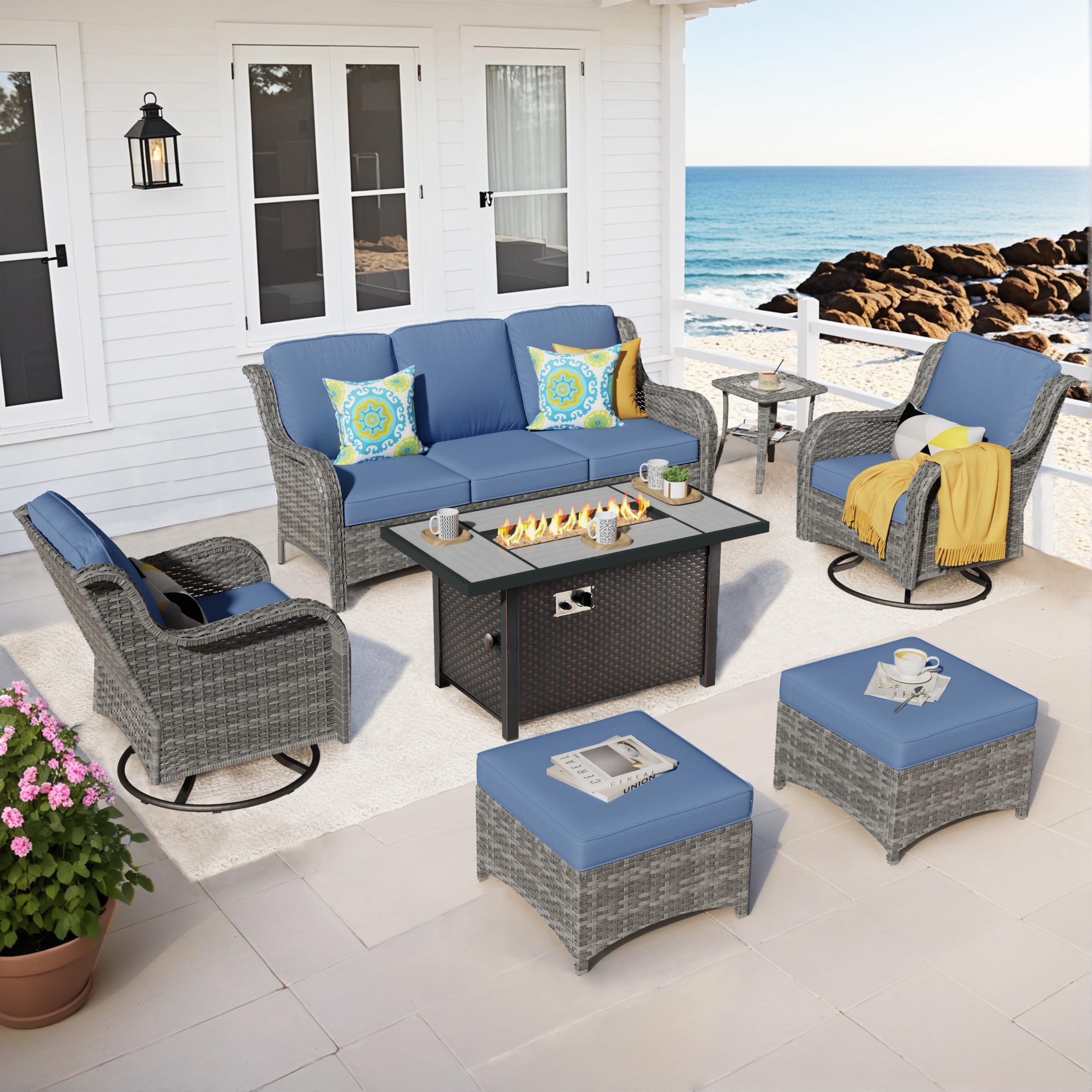 OVIOS Outdoor Furniture 7-Piece with 42'' Fire Pit Table and Kenard 2 Rocking Chairs