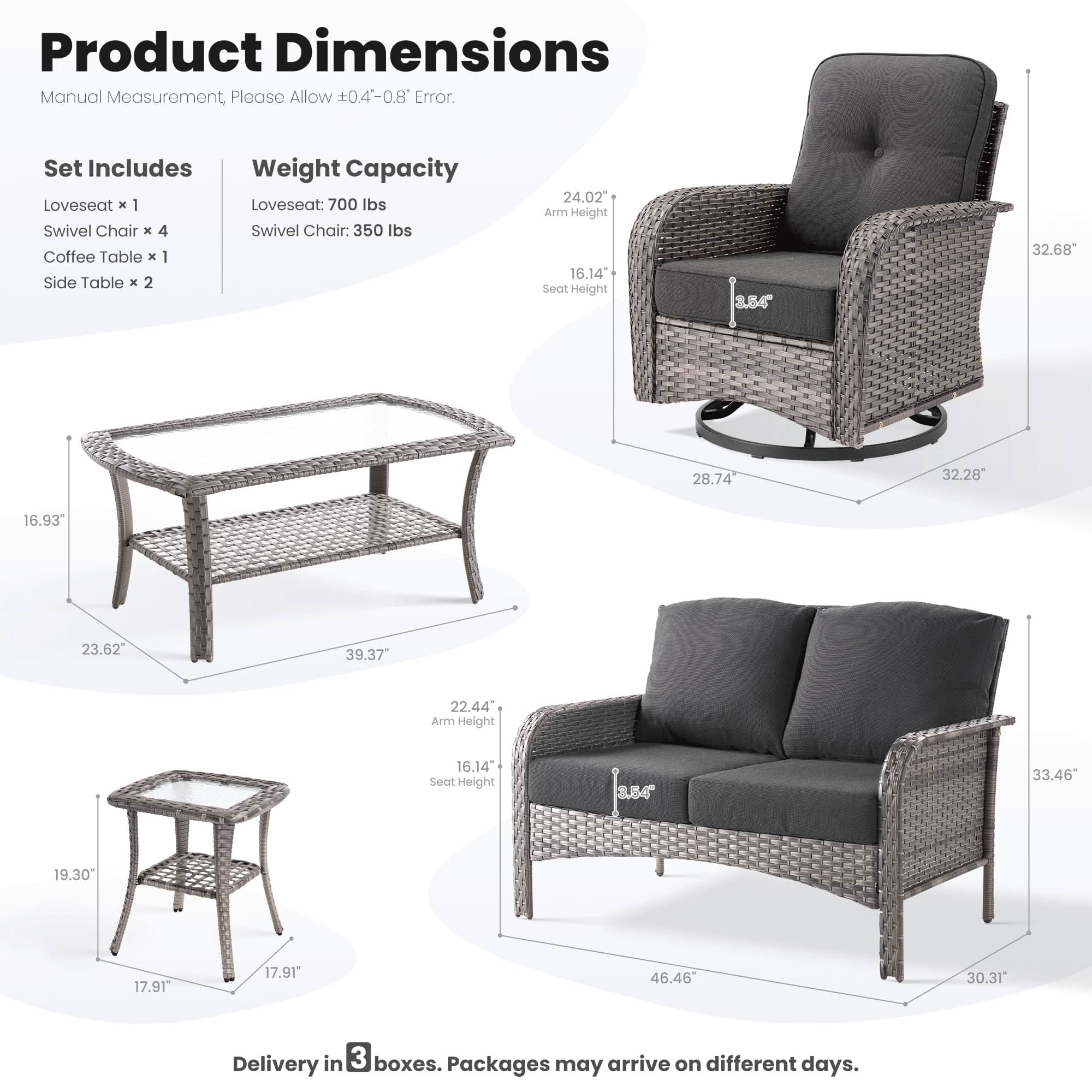 OVIOS 8-Piece Patio Furniture Set dimensions diagram, gray wicker sofa and swivel chairs, detailed product measurements.