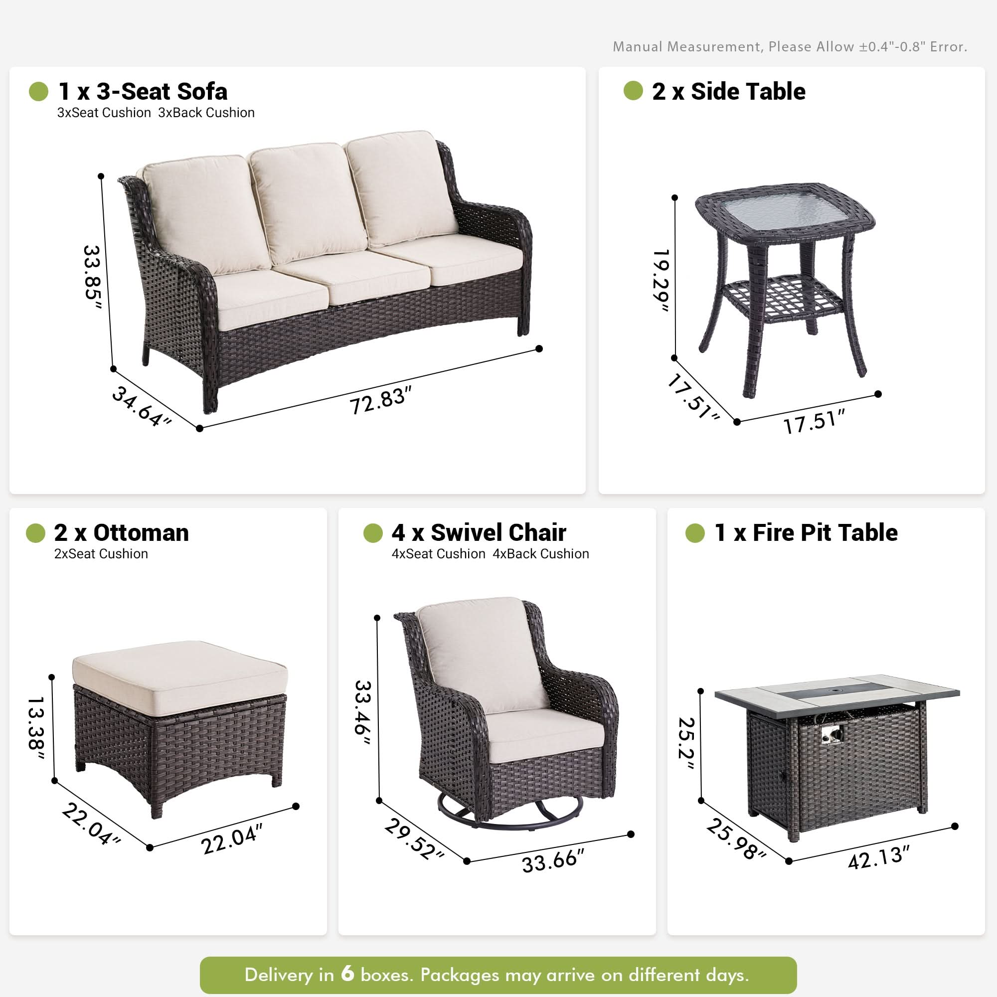 OVIOS patio furniture set with fire pit table, wicker sofa, swivel chairs, and ottomans, with dimensions
