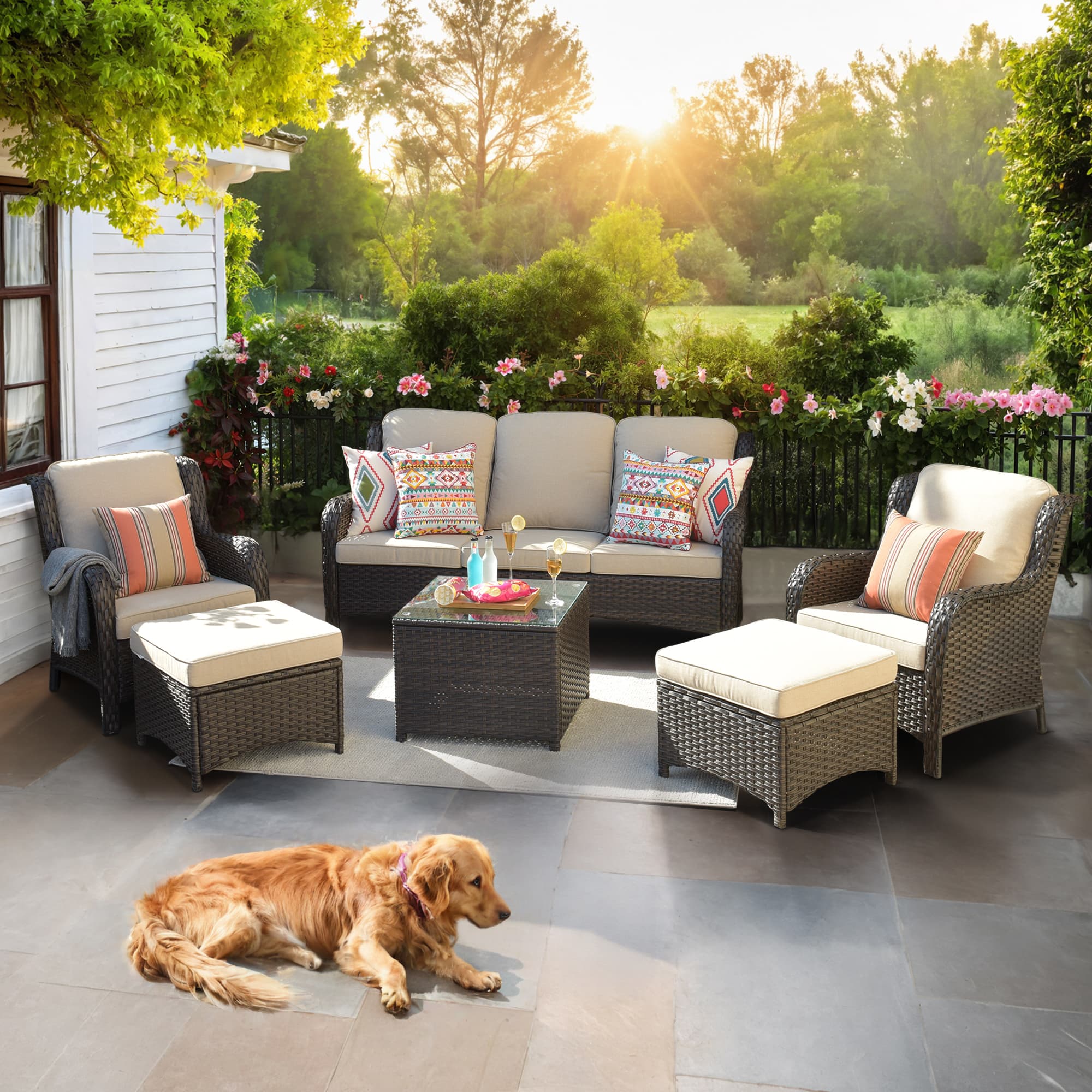 Ovios Patio Furniture Set 7-Piece With Cushions Kenard Curved Handrest