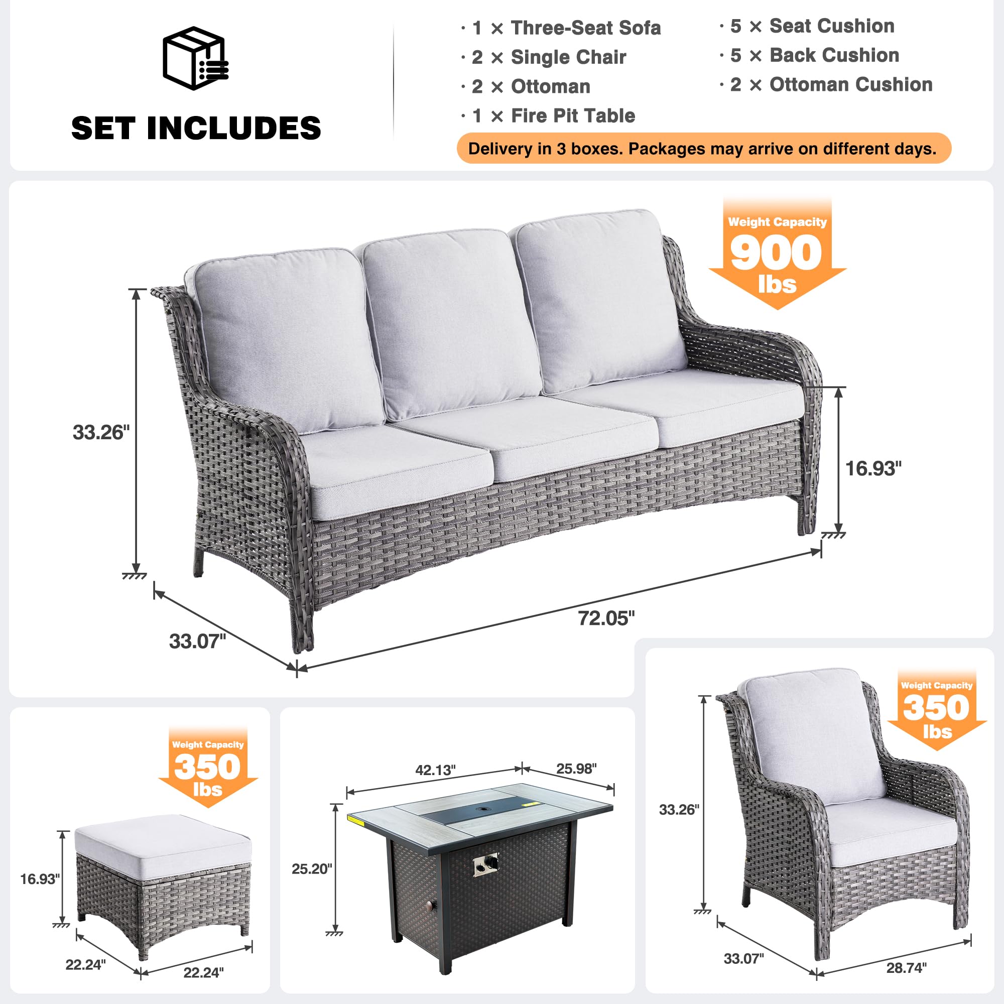 Ovios 6 Pieces Patio Furniture Set with 42" Firepit Table, Outdoor Wicker Sofa with Ottomans