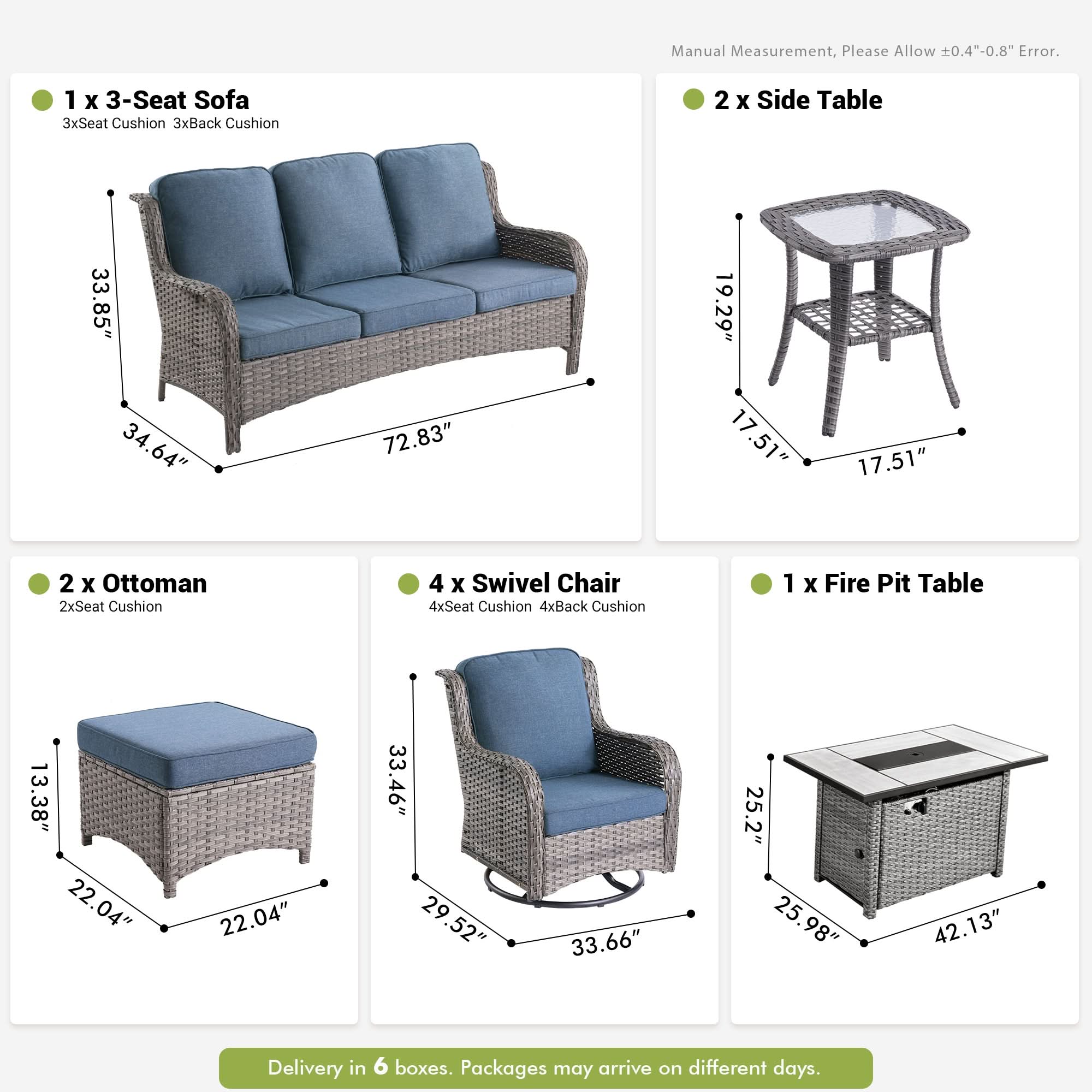 OVIOS 10-Piece Patio Set with dimensions: wicker sofa, swivel chairs, fire pit table, ottomans and side tables.