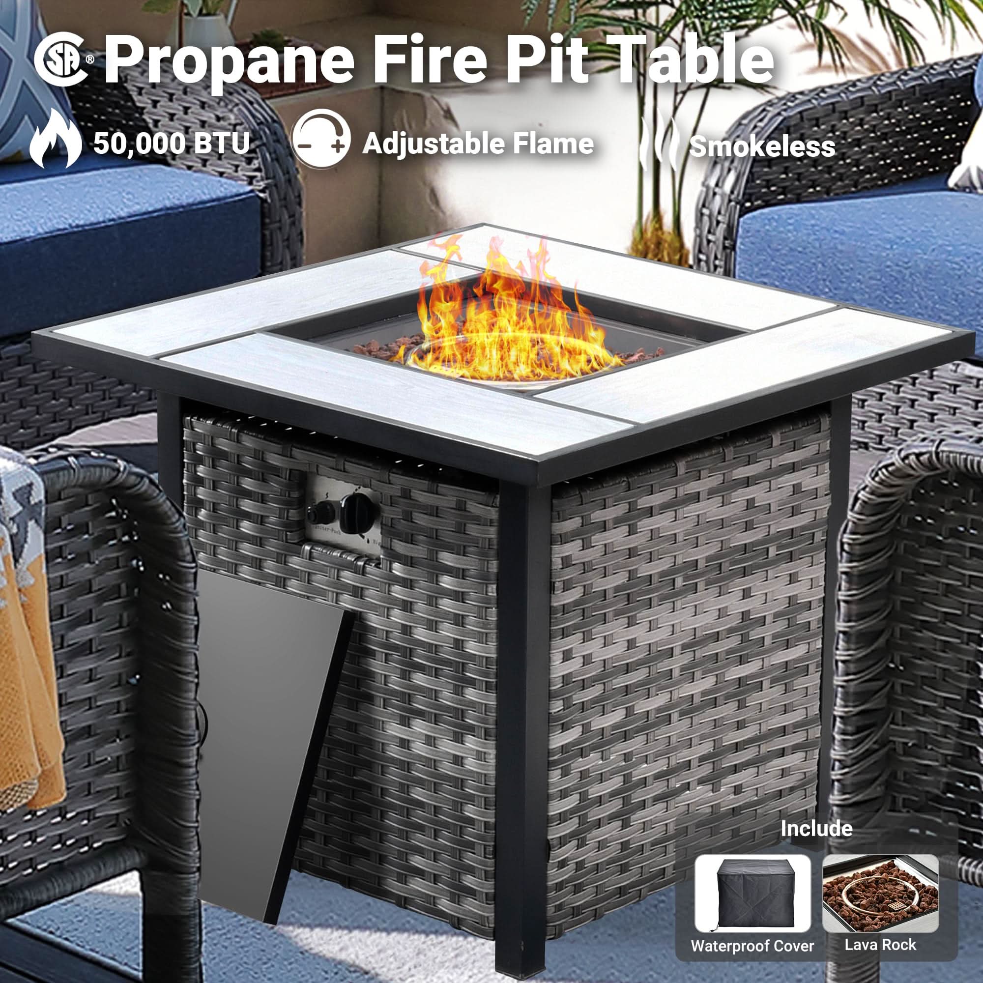 OVIOS Propane Fire Pit Table, grey wicker, 50,000 BTU, adjustable flame, smokeless, with included accessories