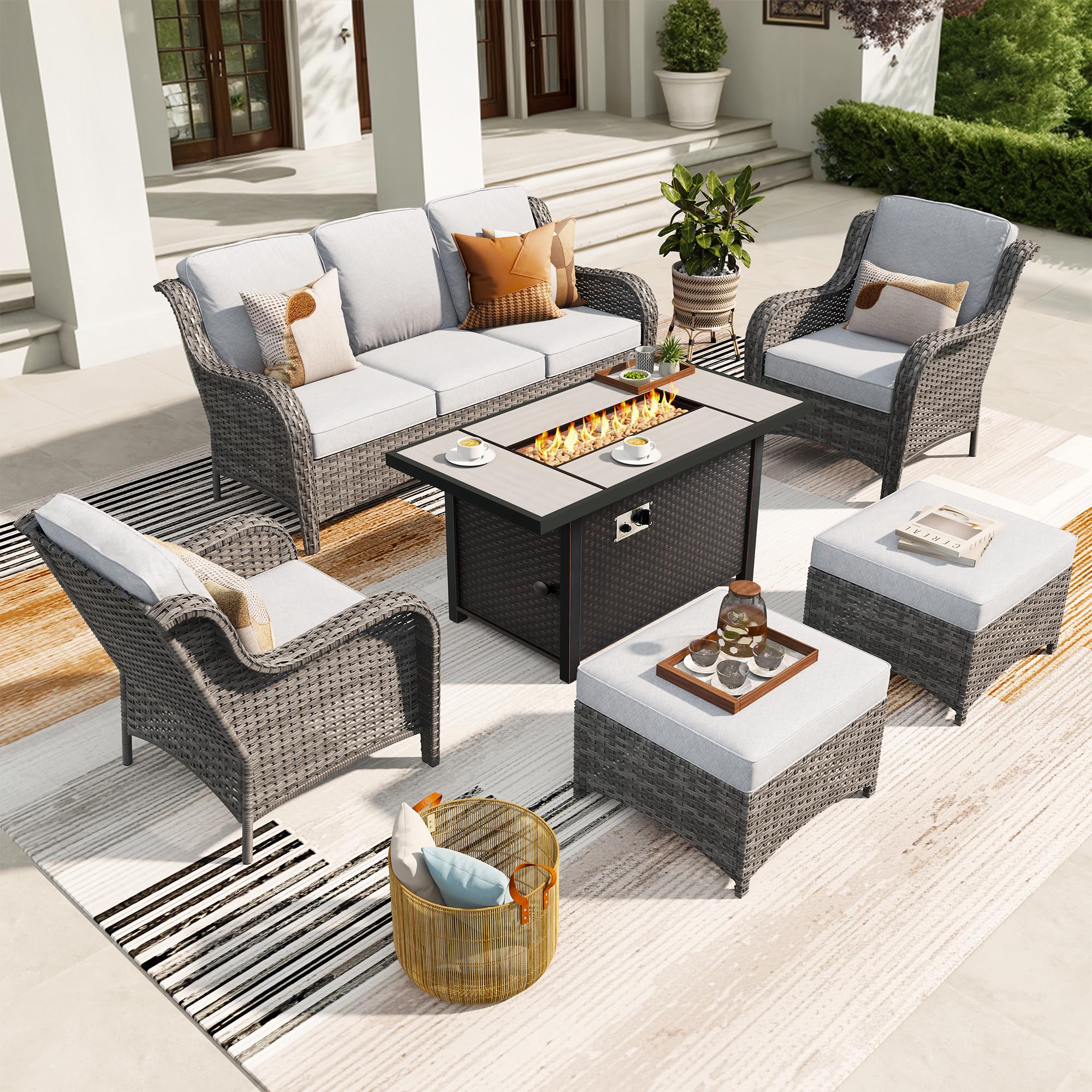 Ovios 6 Pieces Patio Furniture Set with 42" Firepit Table, Outdoor Wicker Sofa with Ottomans