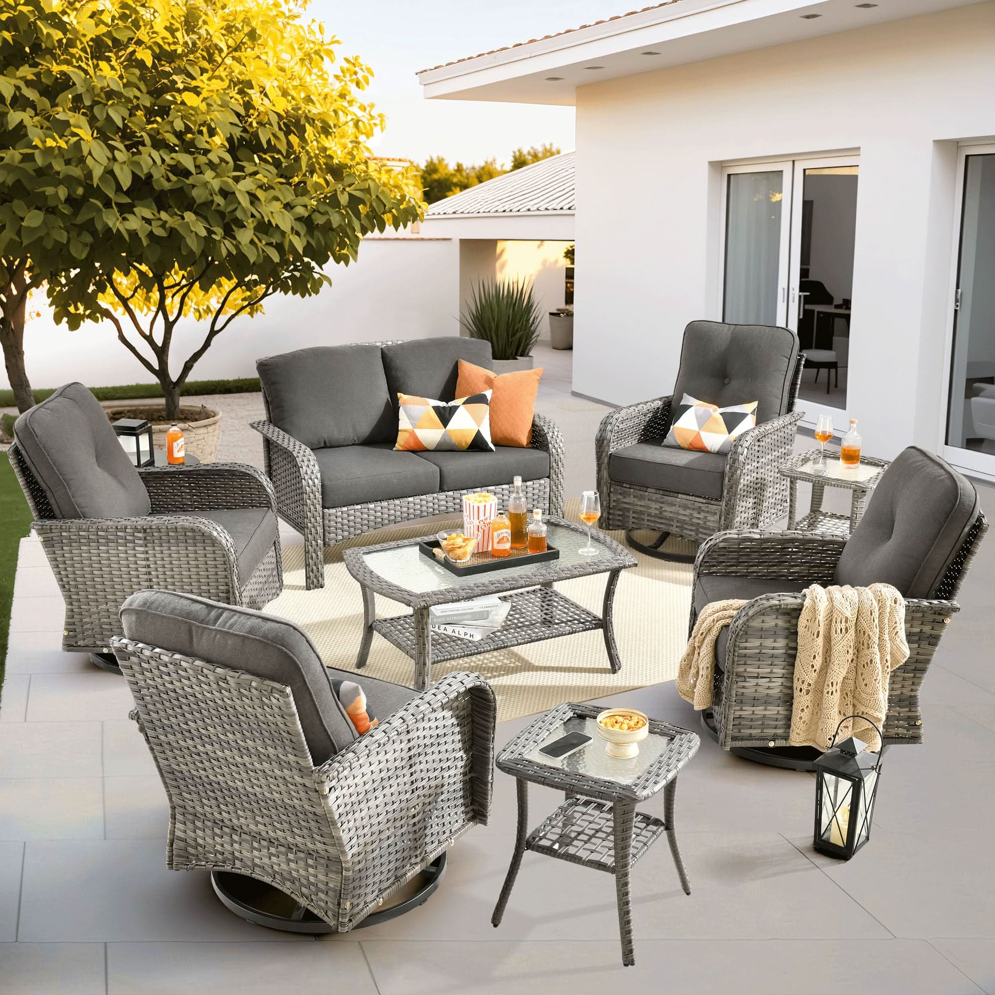 OVIOS outdoor patio furniture set with swivel chairs and gray wicker, perfect for outdoor relaxation