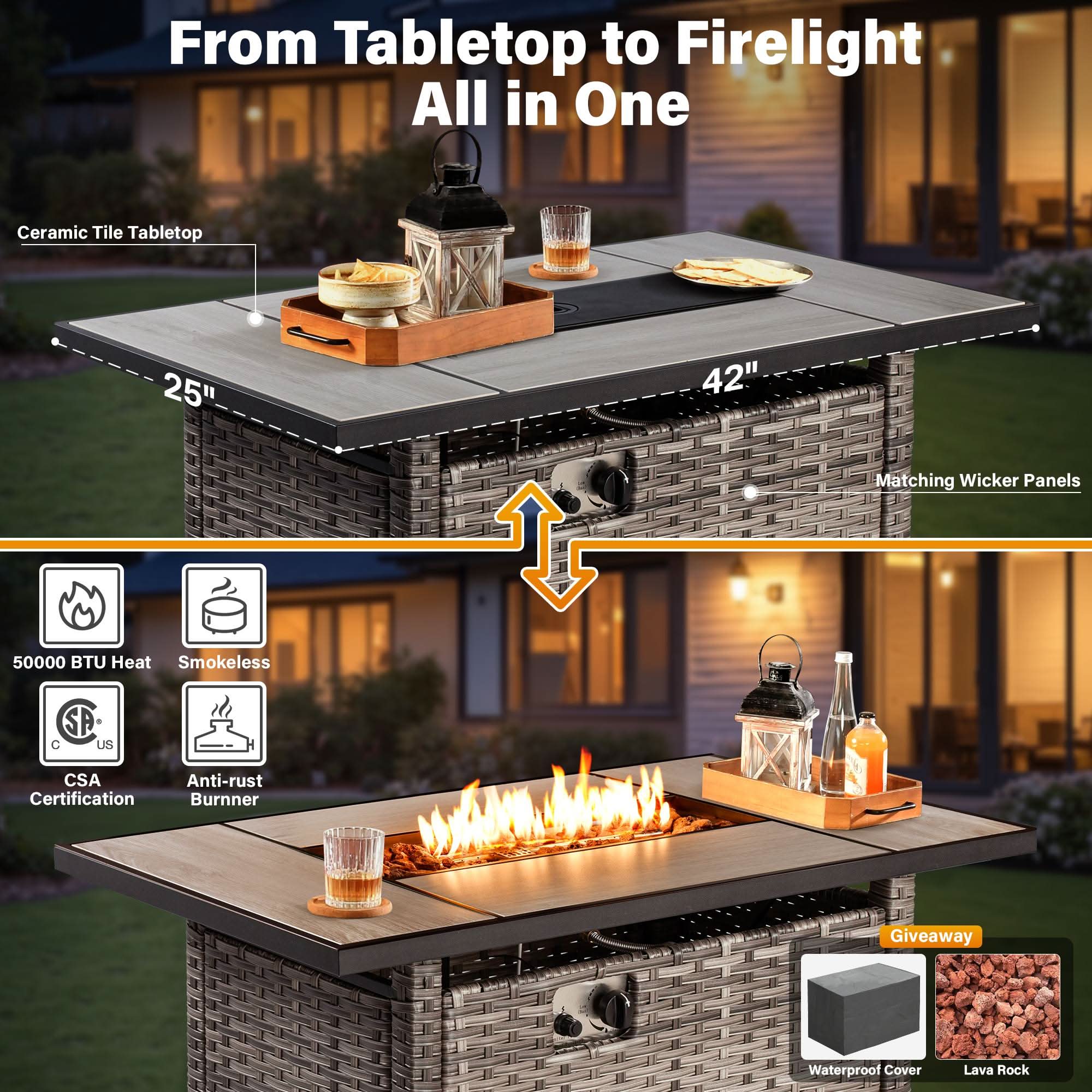 OVIOS Wicker Patio Fire Pit Conversation Seating Set