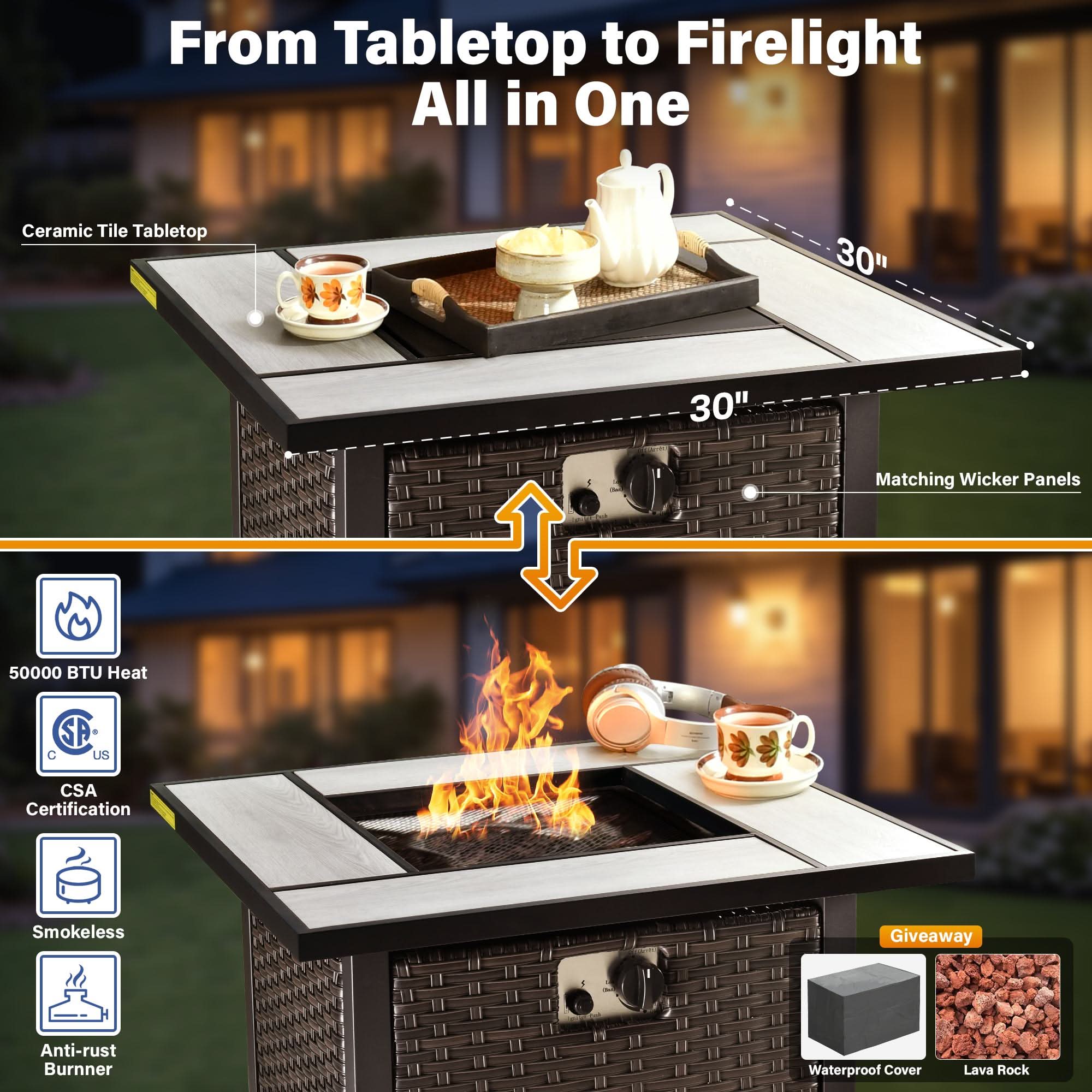 OVIOS Wicker Patio Fire Pit Conversation Seating Set