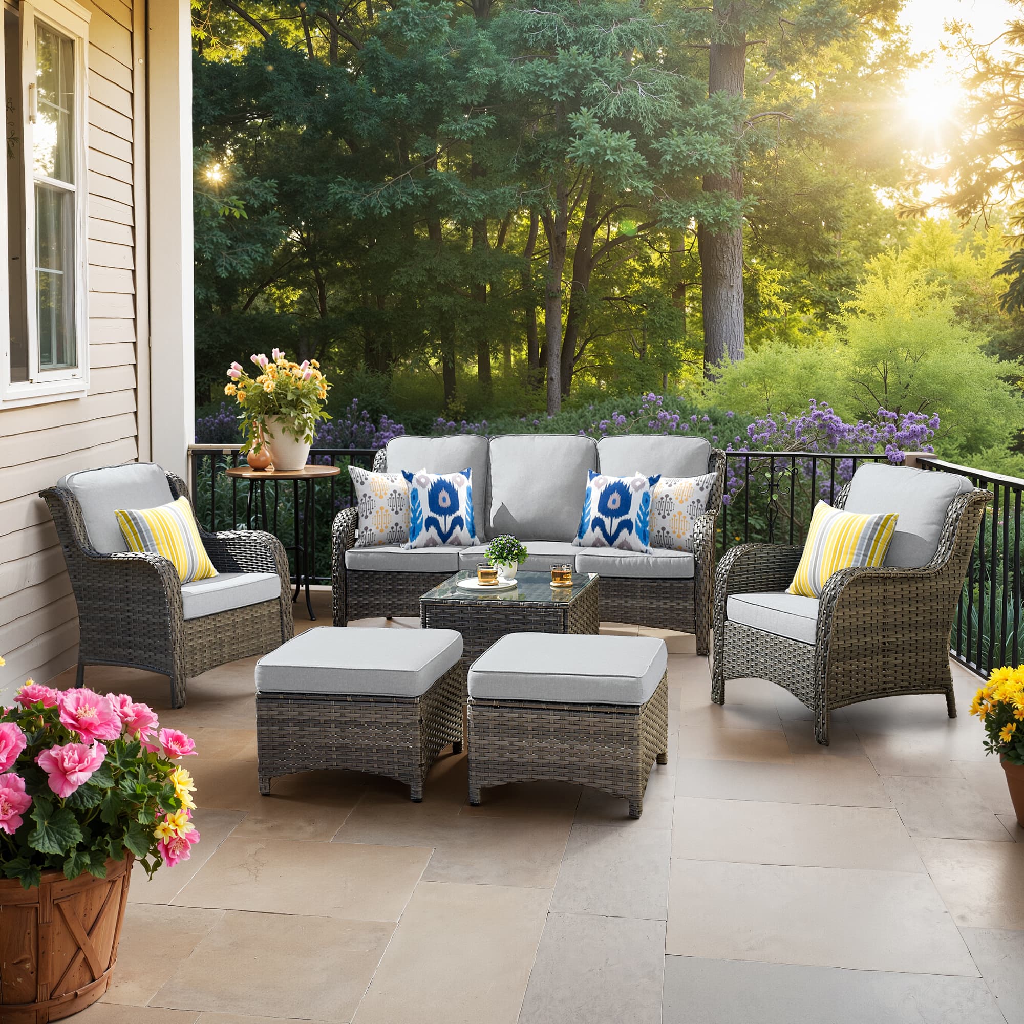 Ovios Patio Furniture Set 7-Piece With Cushions Kenard Curved Handrest