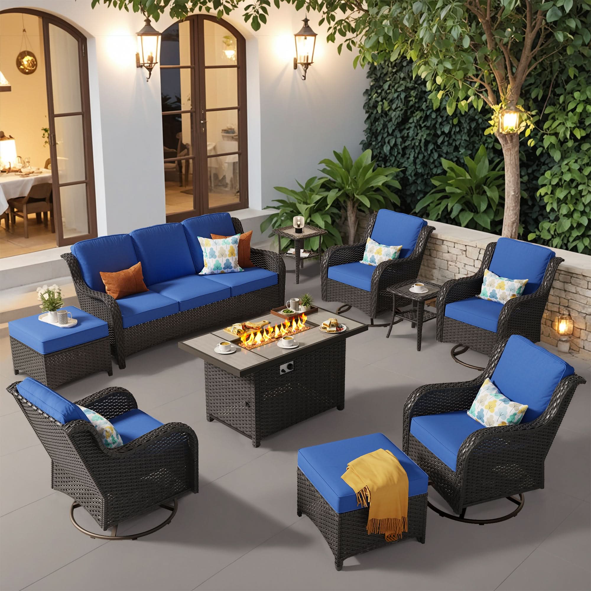 OVIOS outdoor patio set with fire pit table, blue cushions, wicker sofa, and swivel chairs. Outdoor furniture.