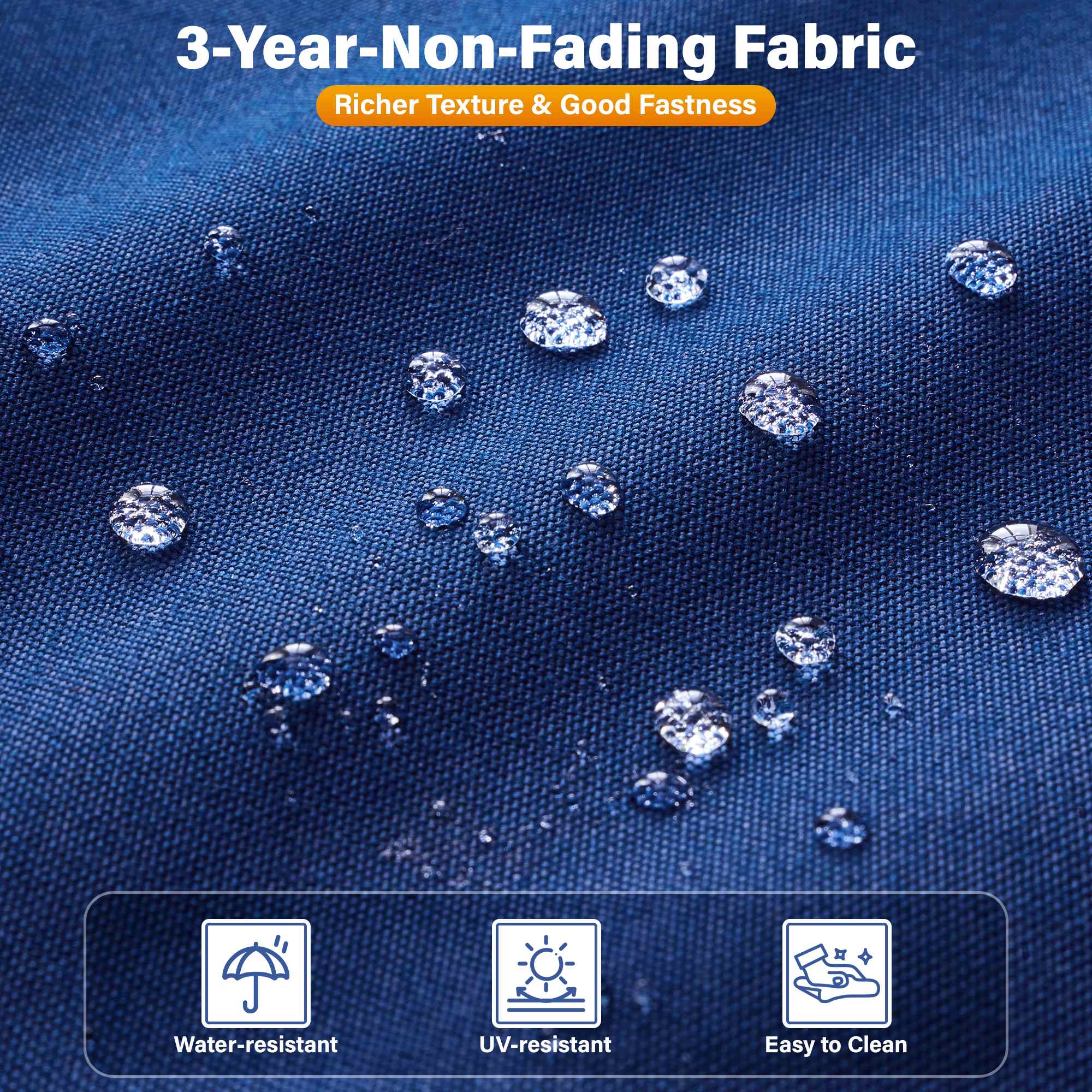OVIOS blue outdoor fabric: water-resistant, UV-resistant, 3-year non-fading.