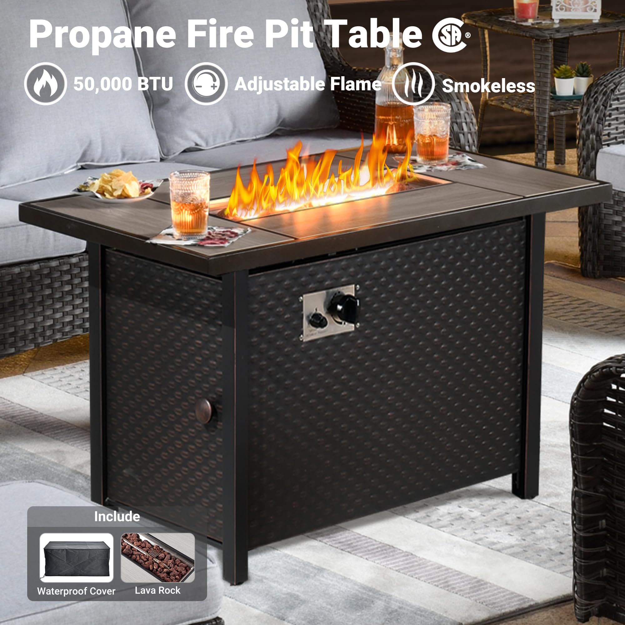 Ovios 6 Pieces Patio Furniture Set with 42" Firepit Table, Outdoor Wicker Sofa with Ottomans