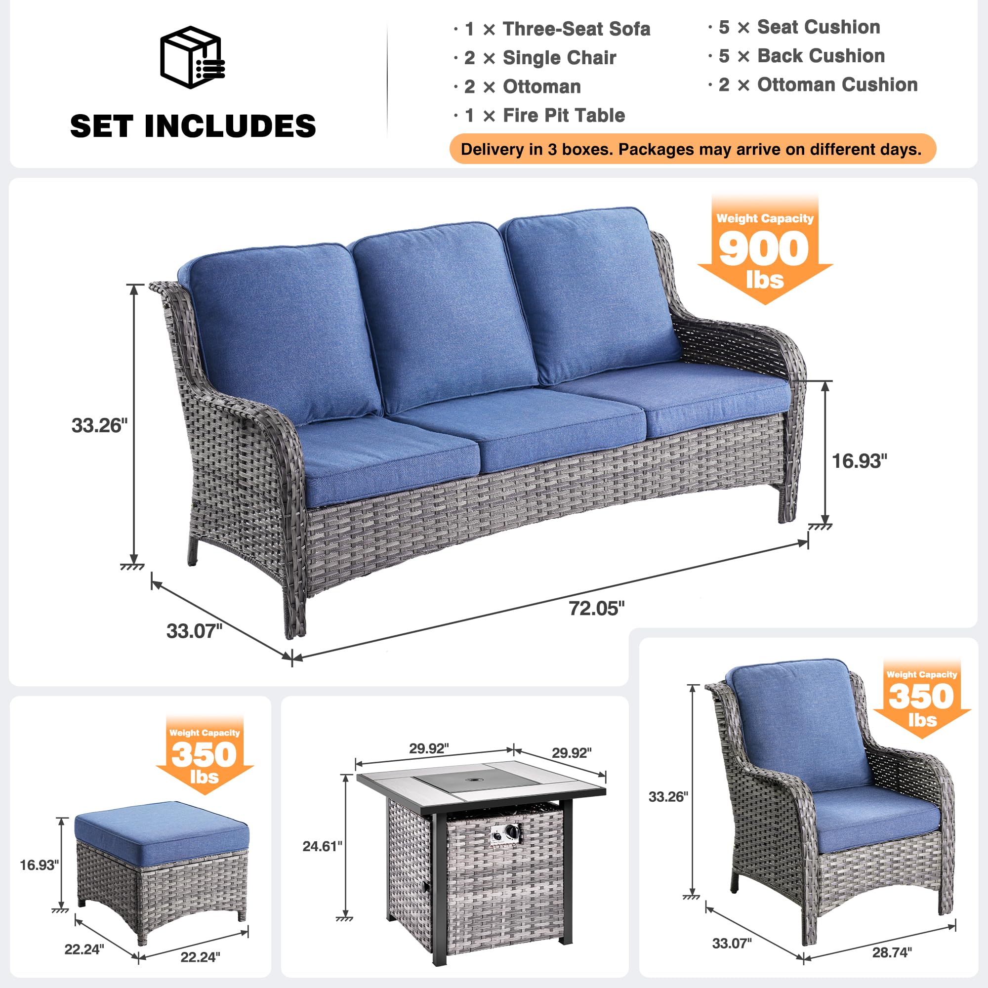 OVIOS 6-Piece Patio Conversation Set with Fire Pit Table