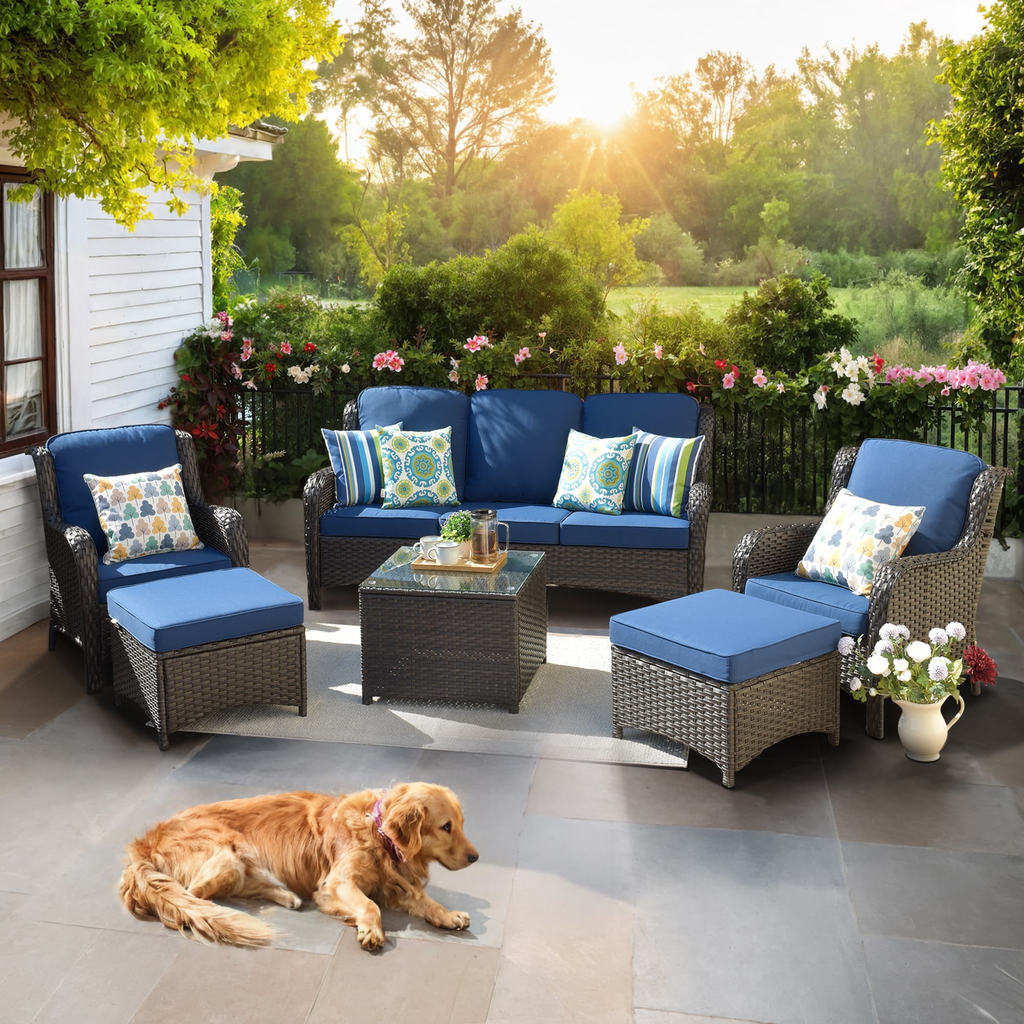 Ovios Patio Furniture Set 7-Piece With Cushions Kenard Curved Handrest