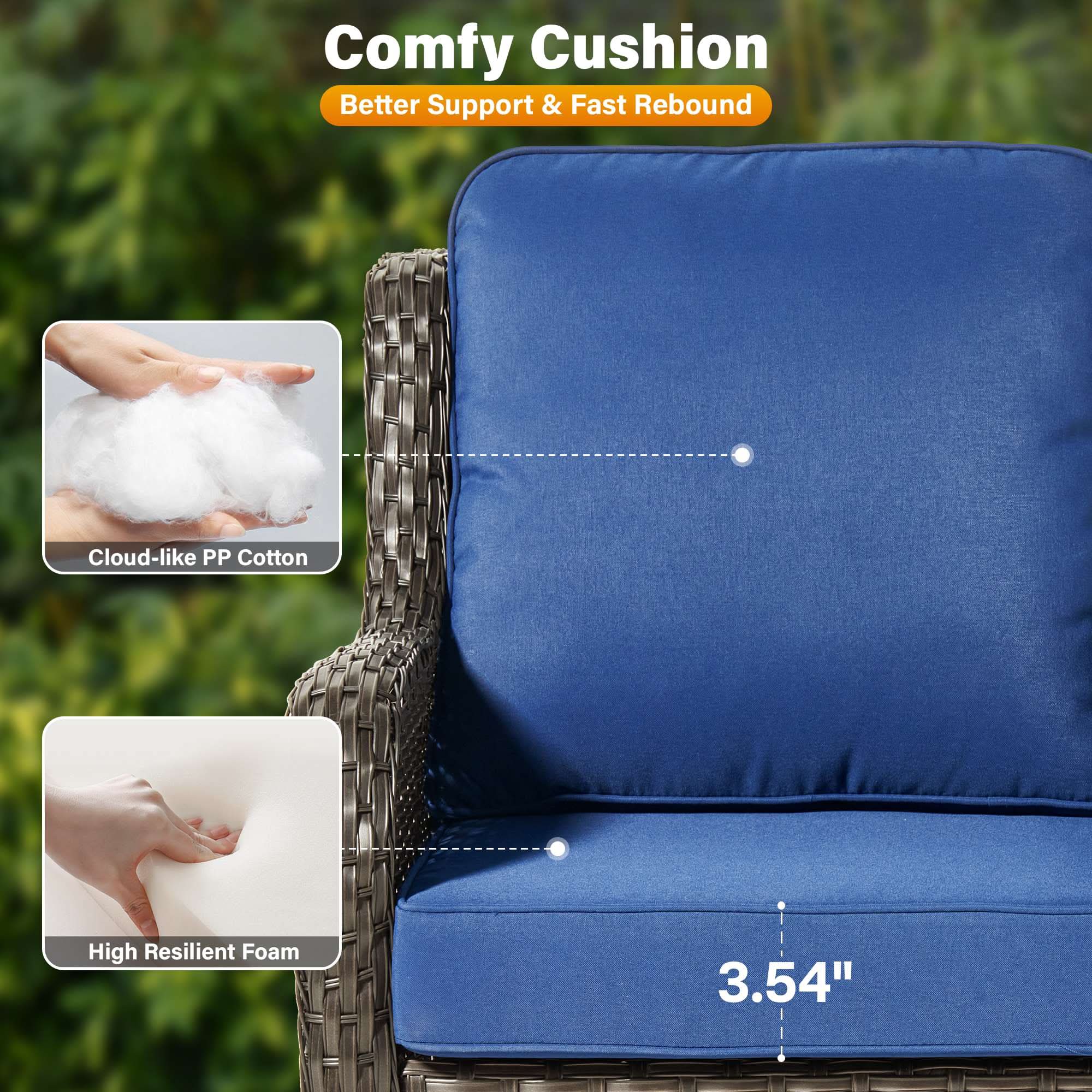 OVIOS wicker patio seating set cushion: 3.54 inch thick, PP cotton & resilient foam.