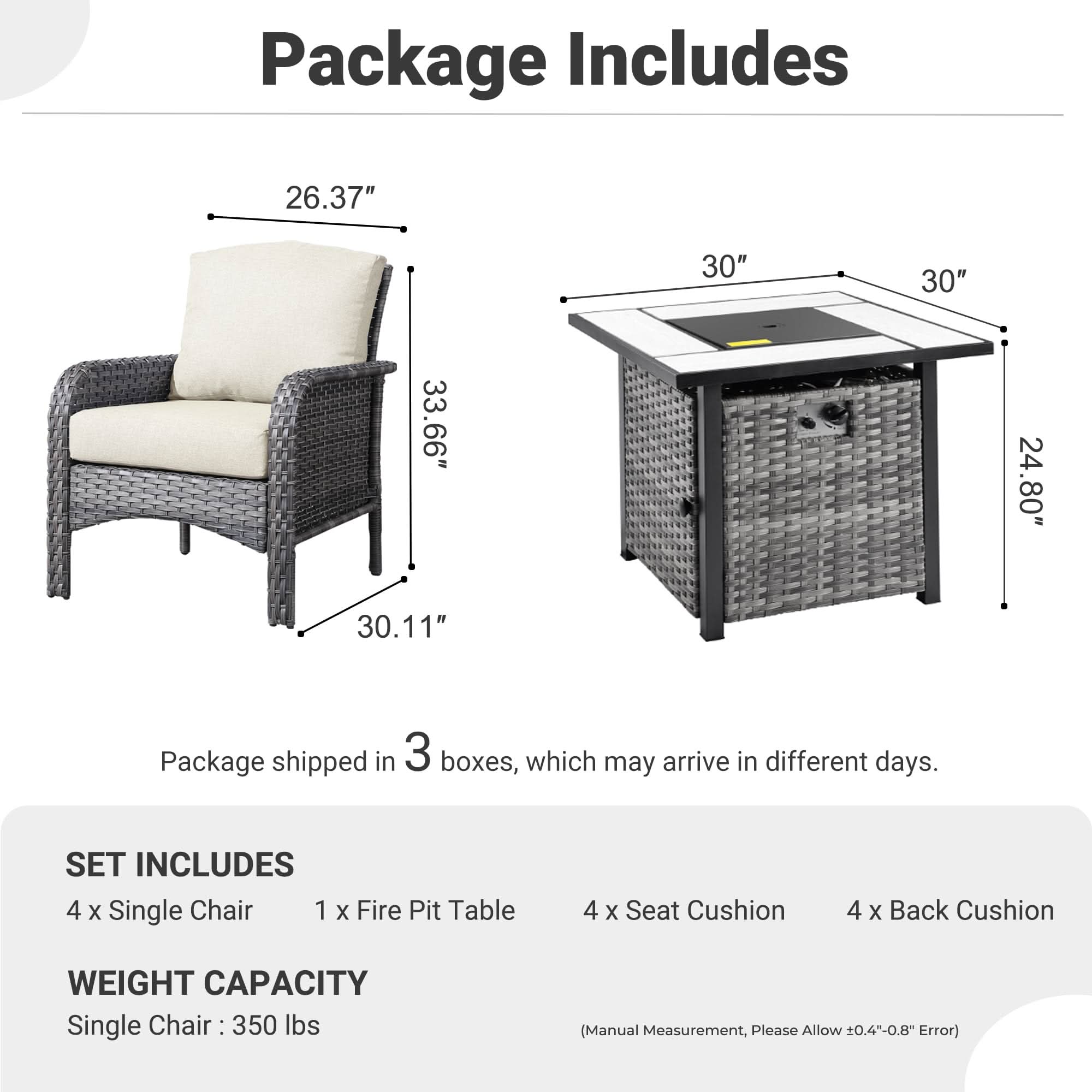 OVIOS 5-Piece Patio Set package dimensions and contents, grey wicker chairs and fire pit table with cushions.