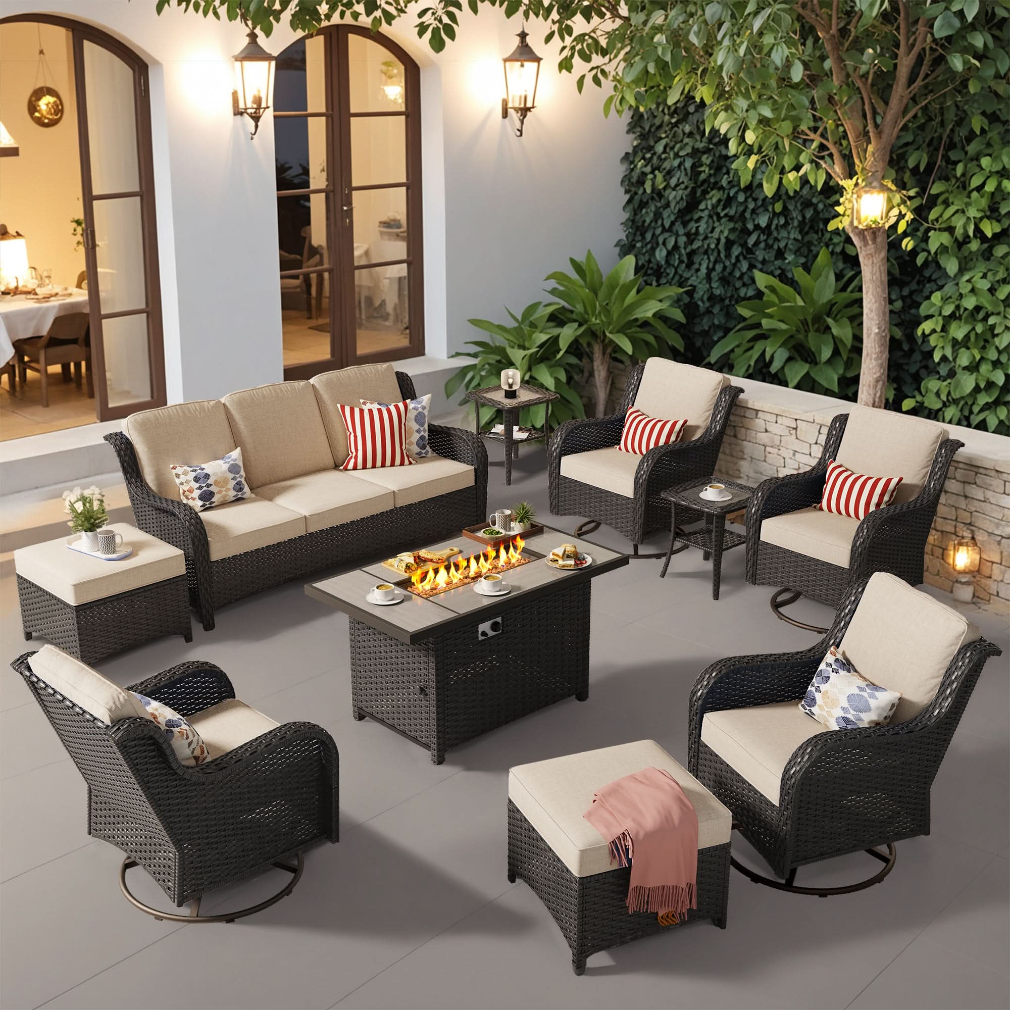 OVIOS 10-Piece Patio Set: Wicker sofa, swivel chairs, fire pit table, and ottomans for outdoor patio.