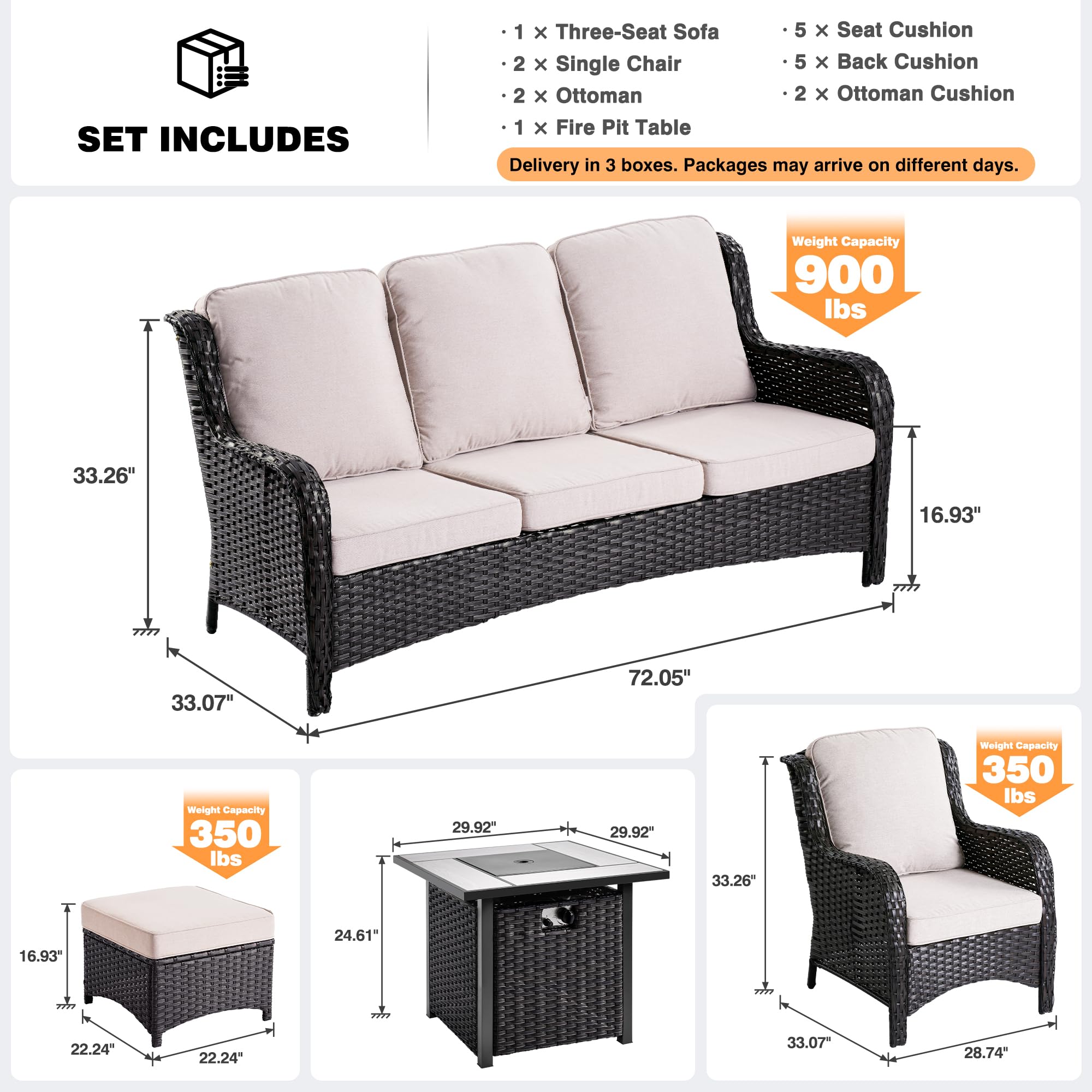OVIOS 6-Piece Patio Conversation Set with Fire Pit Table